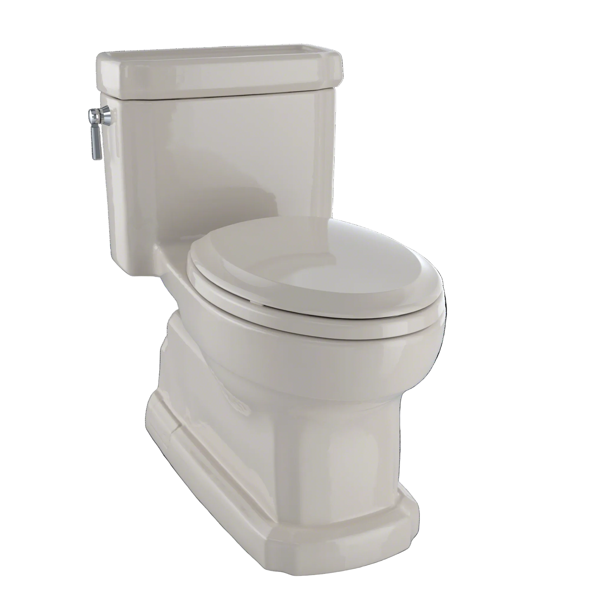 A classic ceramic toilet with a closed seat and lid, featuring a chrome lever handle on the back tank, shown against a solid white background.
