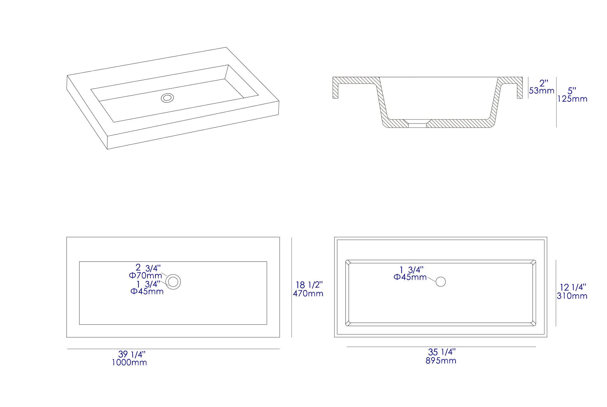 ALFI brand 39.25" x 18.5" Rectangle Above Mount or Semi Recessed Concrete Bathroom Sink, Gray Matte, No Faucet Hole, ABCO40TR