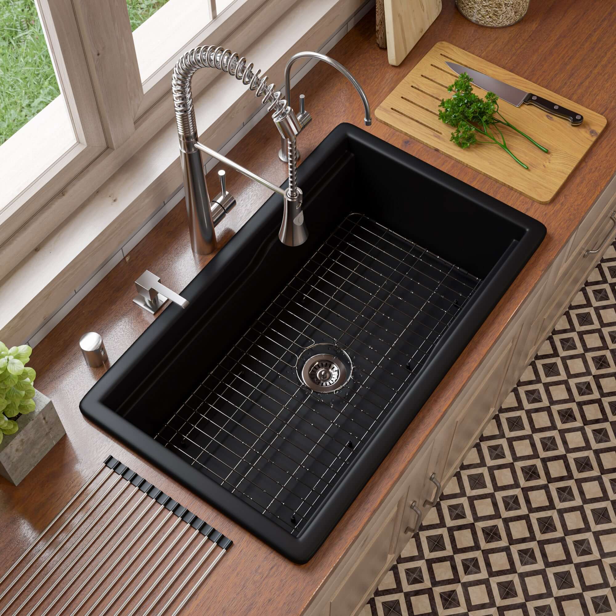 ALFI brand 32 fireclay workstation farmhouse step rim sink black matte product image