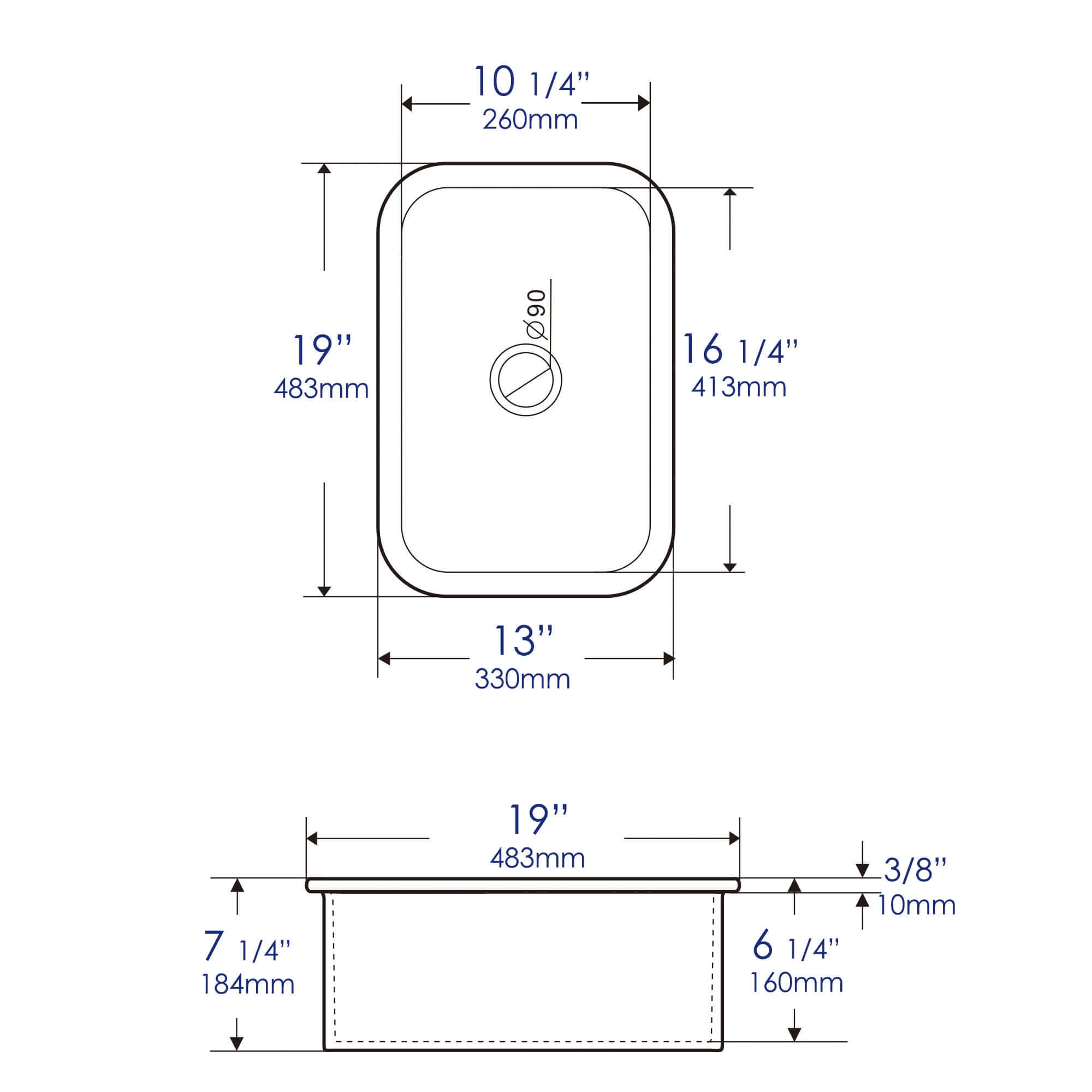 ALFI brand 19 rectangle fireclay bar/prep sink gray matte dimensions image