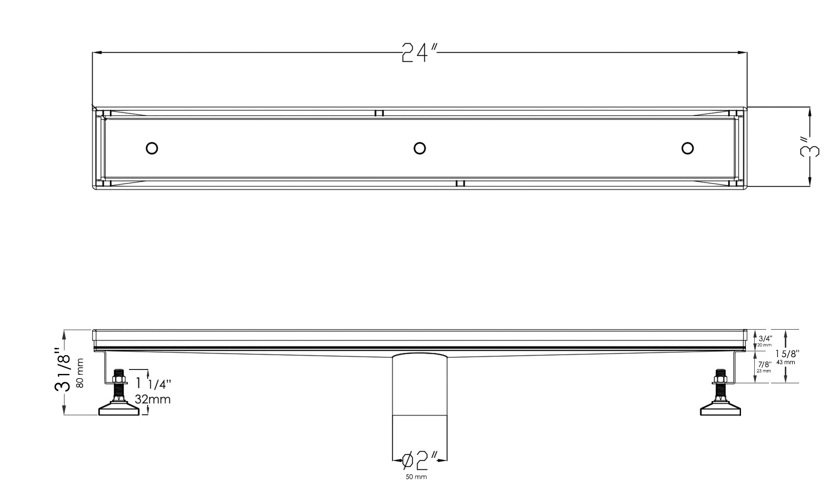 ALFI brand ABLD24A 24" Long Modern Stainless Steel Linear Shower Drain w/o Cover, Grey