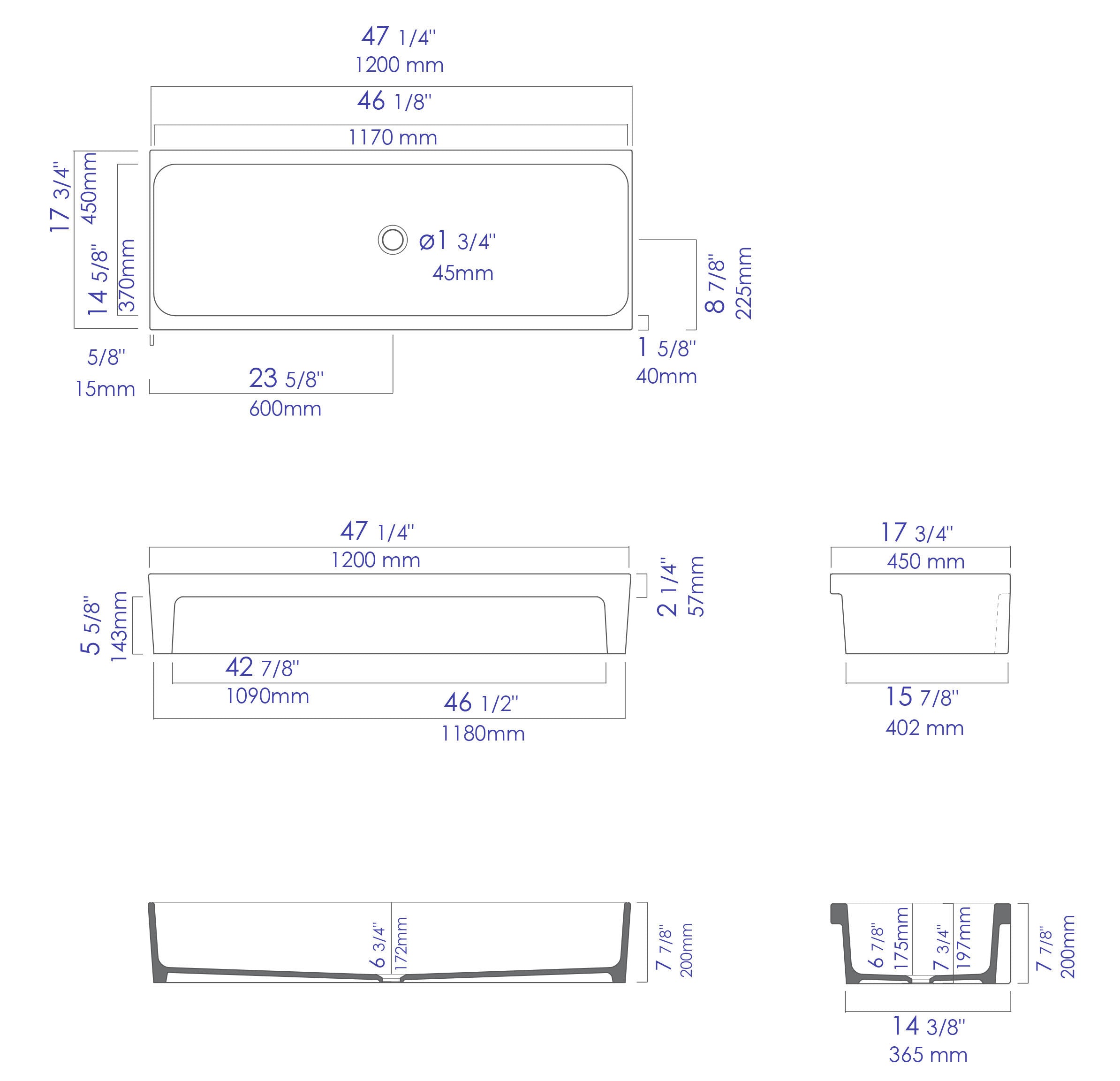 Alternate Image for ALFI brand 47.4" x 17.75" Rectangle Above Mount or Semi Recessed Fireclay Bathroom Sink, Black Matte, No Faucet Hole, AB48TRBM