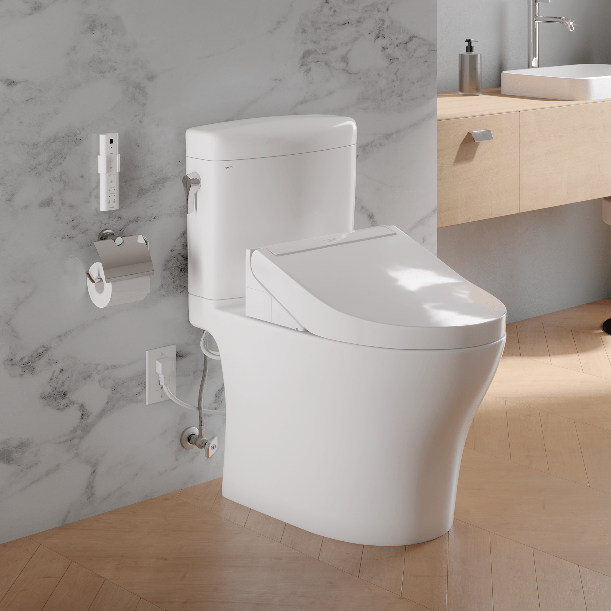 Alternate Image for TOTO WASHLET+ Aquia IV Cube Two-Piece Elongated Dual Flush 1.28 and 0.9 GPF Toilet with C5 Bidet Seat, Cotton White, Vitreous China|Plastic, MW4363084CEMFGN#01