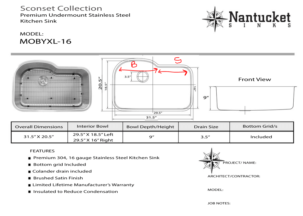 Alternate Image for Nantucket Sinks Sconset 32" Stainless Steel Kitchen Sink, 16 Gauge, MOBYXL-16