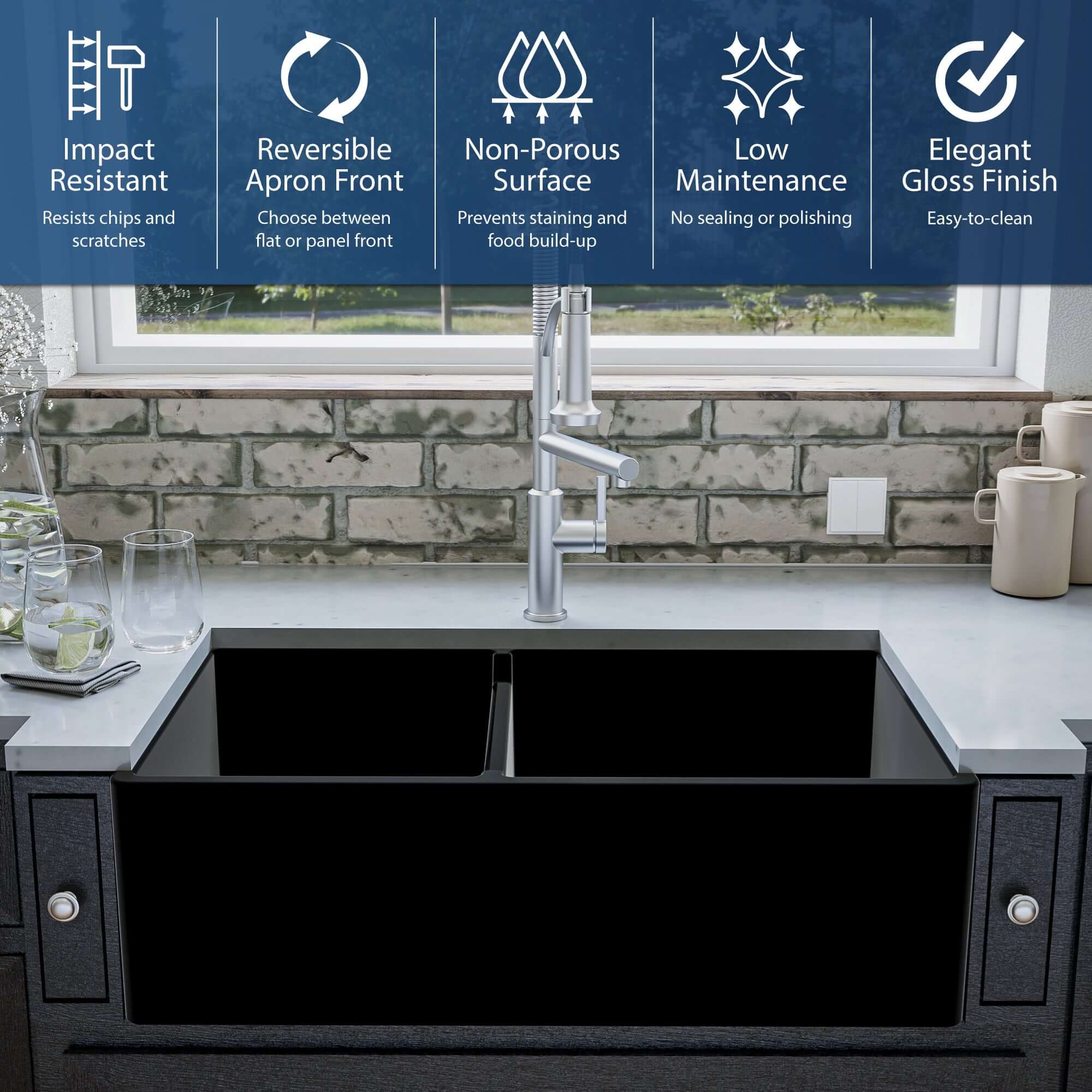 Alternate Image for Karran Fireclay 33" Fireclay Farmhouse Sink with Accessories, 60/40 Double Bowl, Matte Black, FCP33DBMB