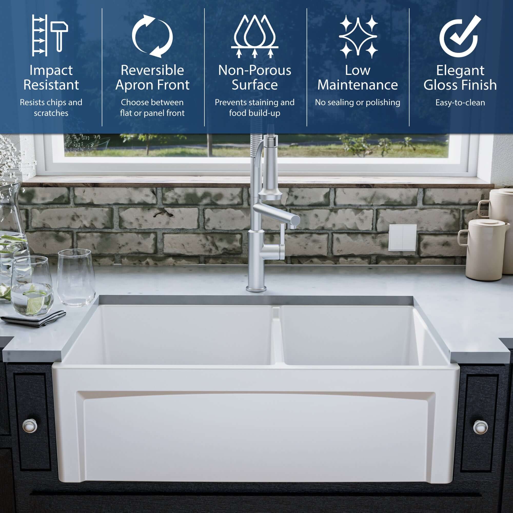 Alternate Image for Karran Fireclay 33" Fireclay Farmhouse Sink with Accessories, 60/40 Double Bowl, White, FCP33DBWH