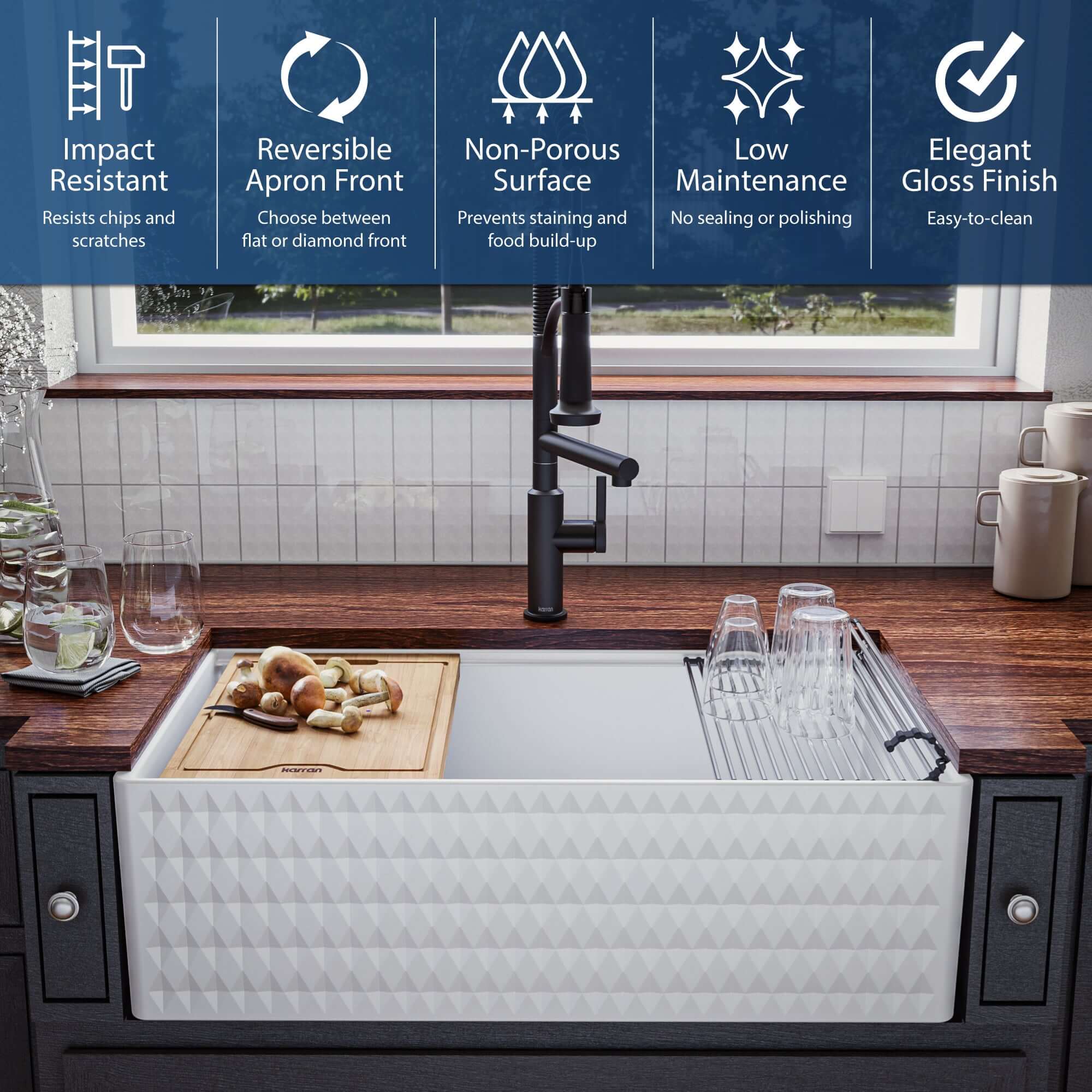 Alternate Image for Karran Fireclay 33" Fireclay Workstation Farmhouse Sink with Accessories, White, FCWSD33SBWH-PK1