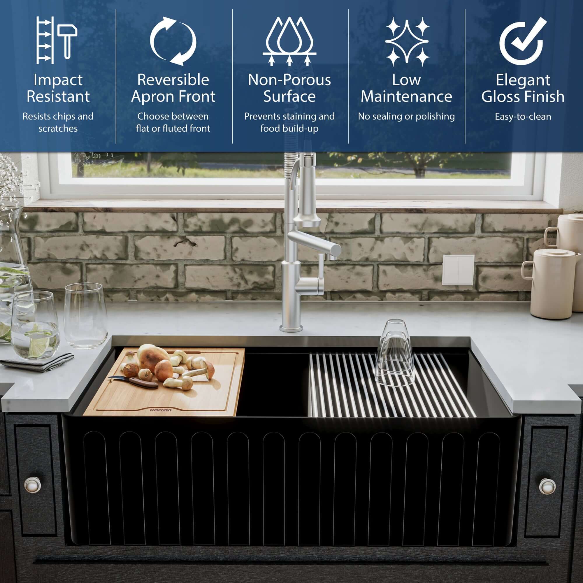 Alternate Image for Karran Fireclay 33" Fireclay Workstation Farmhouse Sink with Accessories, 60/40 Double Bowl, Matte Black, FCWSF33DBMB-PK1