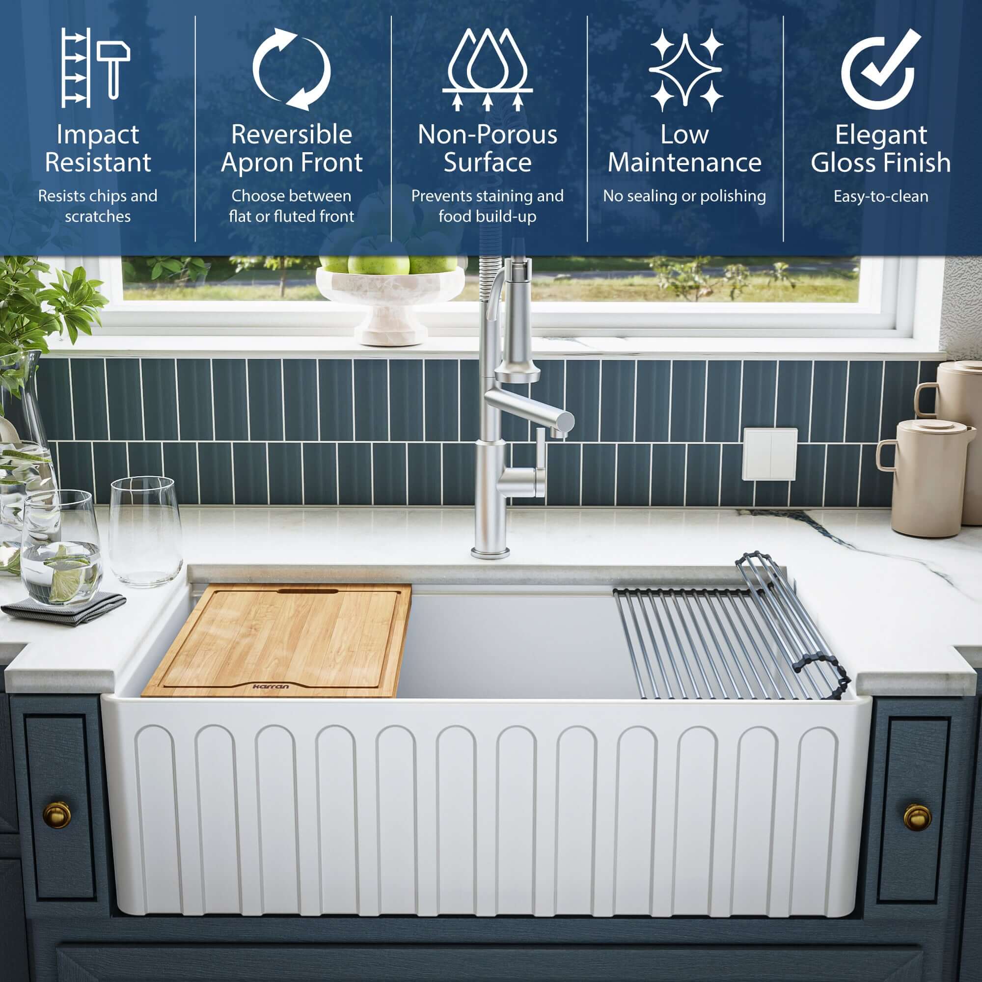 Alternate Image for Karran Fireclay 33" Fireclay Workstation Farmhouse Sink with Accessories, White, FCWSF33SBWH-PK1