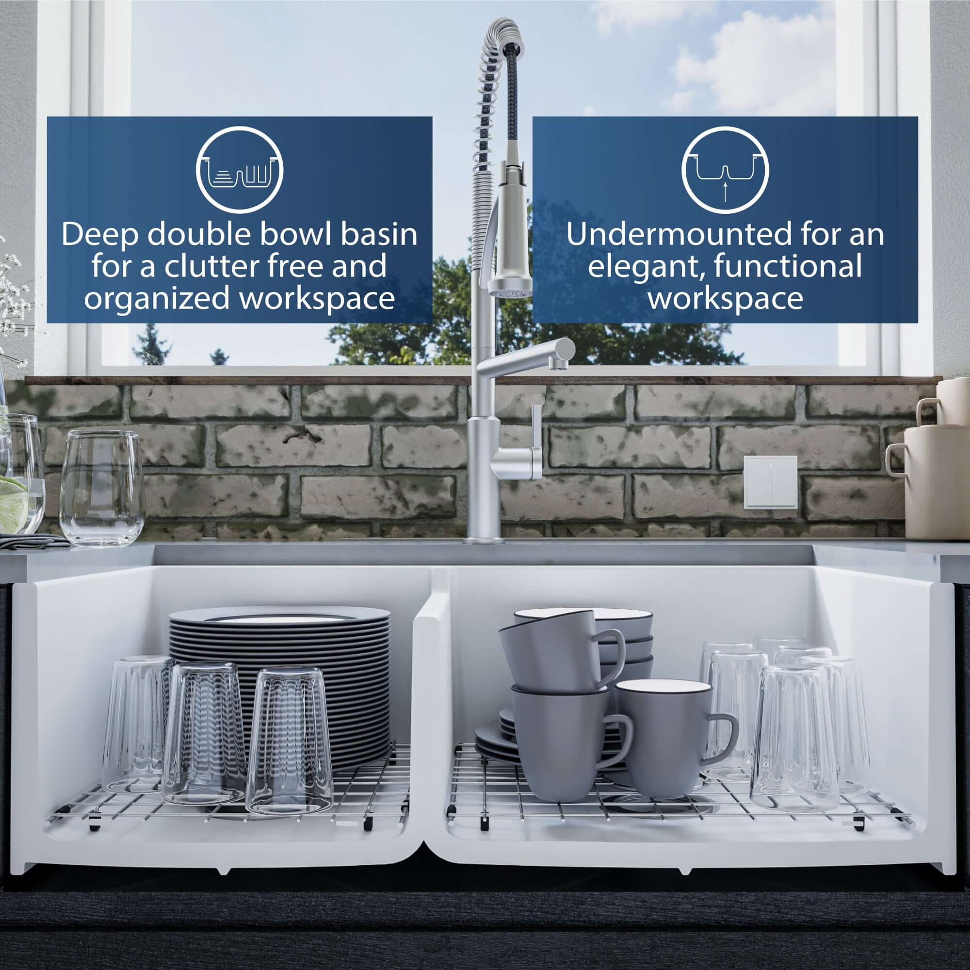 Alternate Image for Karran Fireclay 33" Fireclay Farmhouse Sink with Accessories, 60/40 Double Bowl, White, FCP33DBWH