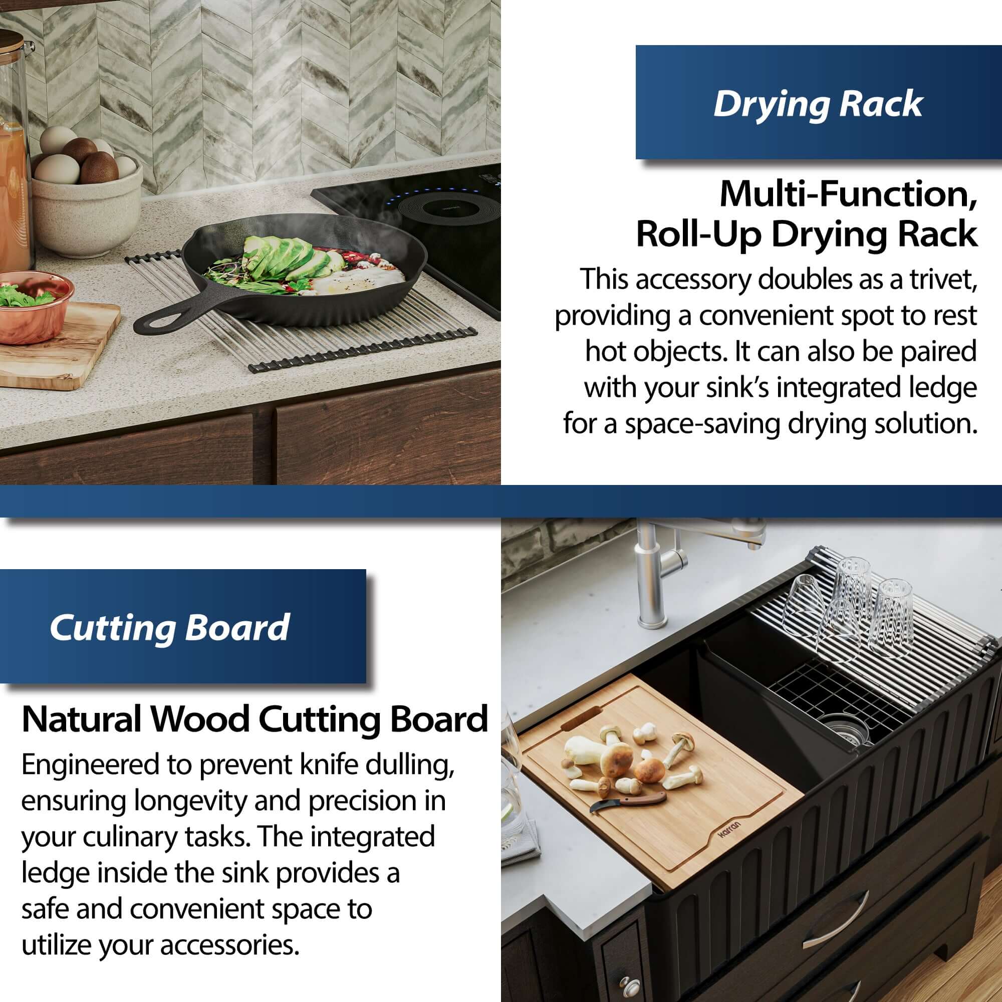 Alternate Image for Karran Fireclay 33" Fireclay Workstation Farmhouse Sink with Accessories, 60/40 Double Bowl, Matte Black, FCWSF33DBMB-PK1
