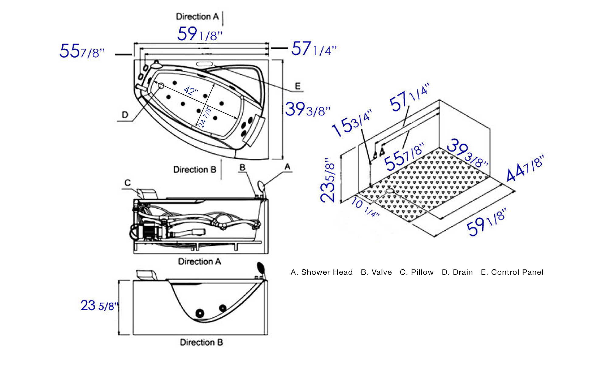 Eago 59" Acrylic Corner Neo-angle Round Bathtub, White, AM198ETL-L