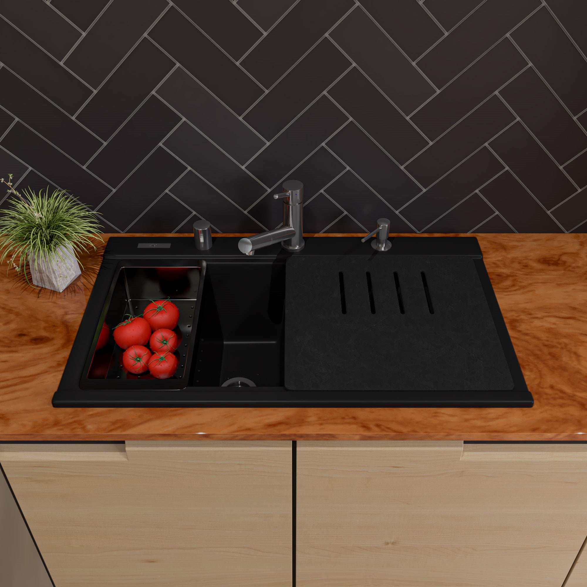 Alternate Image for ALFI 34" Drop In Granite Composite Workstation Kitchen Sink with Accessories, 50/50 Double Bowl, Black, 1 Faucet Hole, AB3418DBDI-BLA