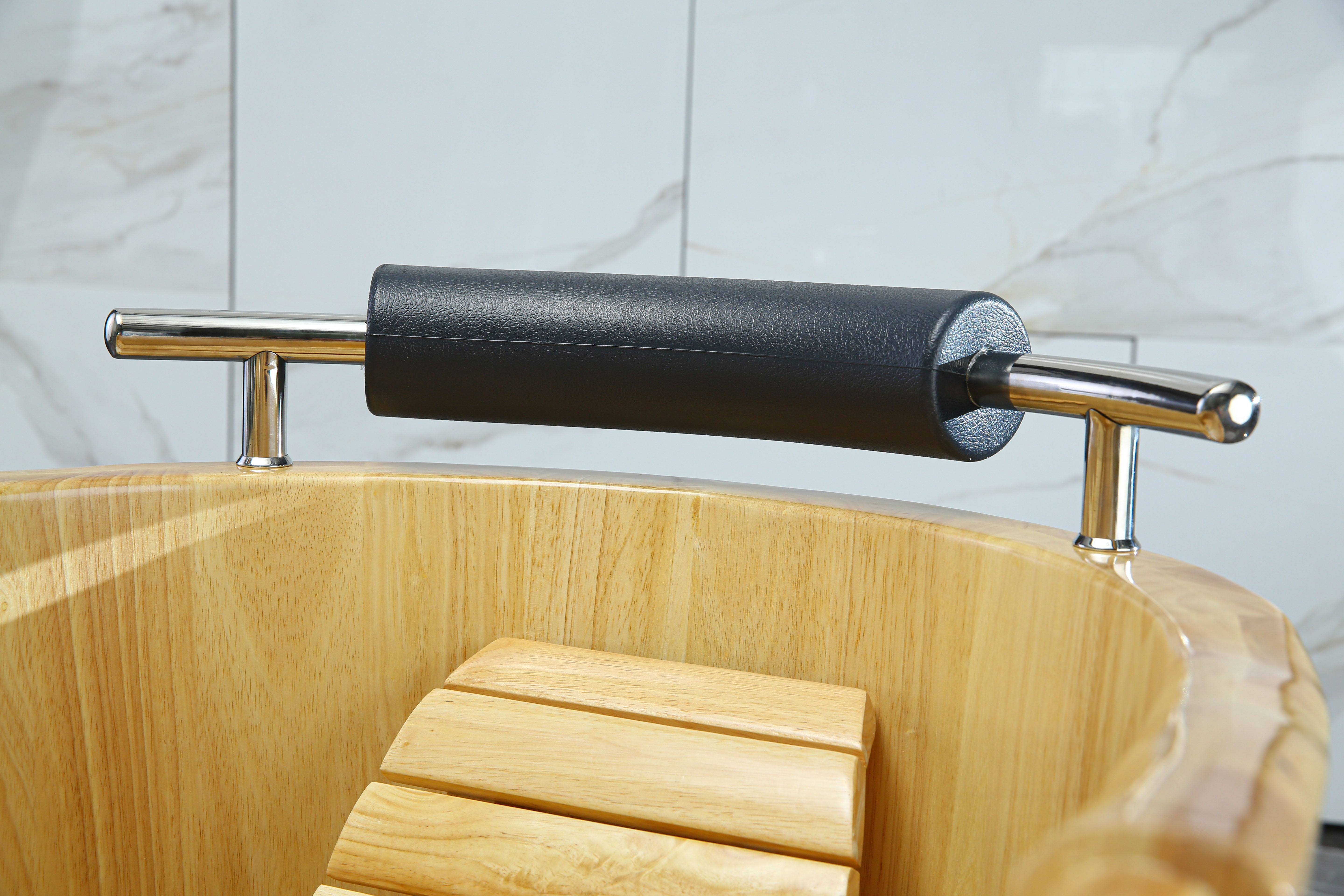 Alternate Image for ALFI brand 61" Rubber Wood Free Standing Oval Bathtub with Cushion Headrest, Natural Wood, AB1163