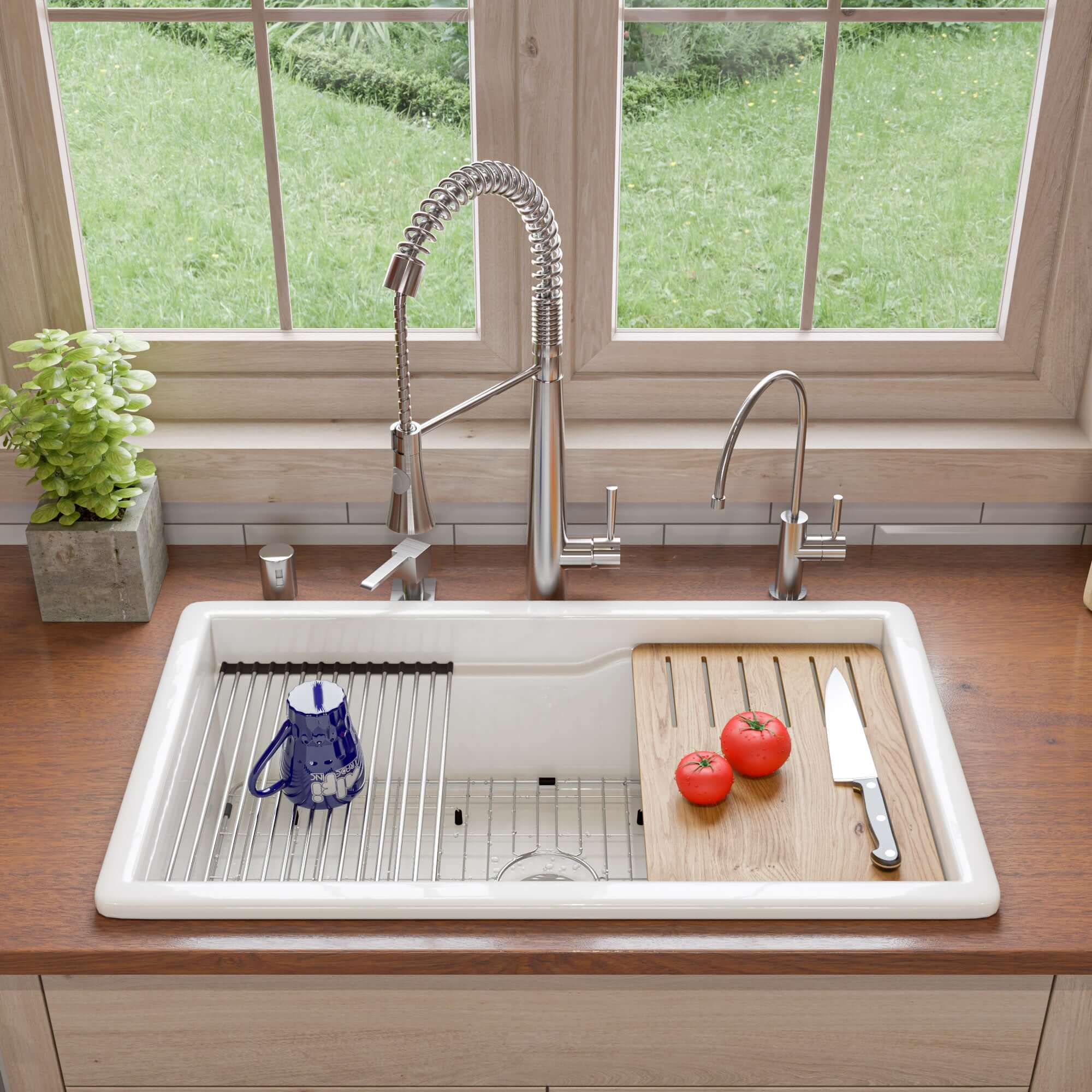 ALFI brand 32 fireclay workstation farmhouse step rim sink white product image