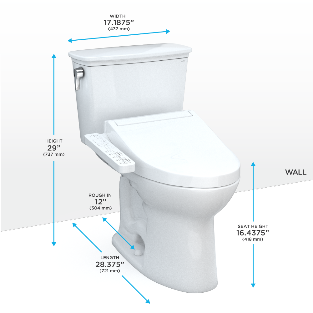 TOTO Drake Transitional WASHLET+ Two-Piece Elongated 1.28 GPF TORNADO FLUSH Toilet with C2 Bidet Seat, Cotton White, Vitreous China, MW7863074CEG#01