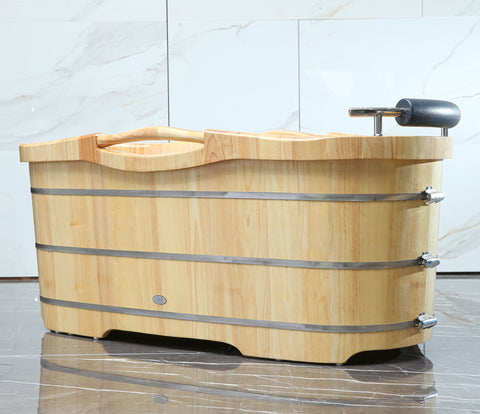 ALFI brand 61" Rubber Wood Free Standing Oval Bathtub with Cushion Headrest, Natural Wood, AB1163