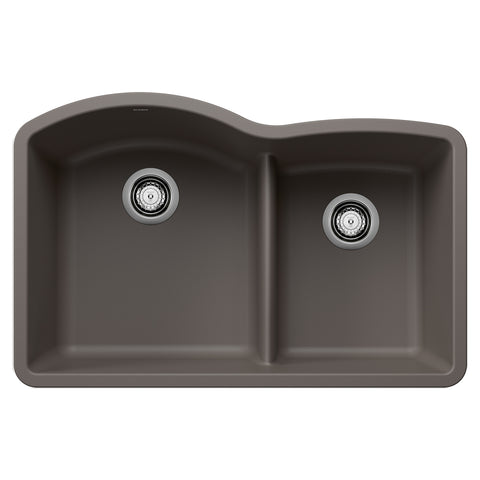 Blanco Diamond 32" Undermount Silgranit Kitchen Sink, 60/40 Double Bowl, Volcano Gray, No Faucet Hole, 443102