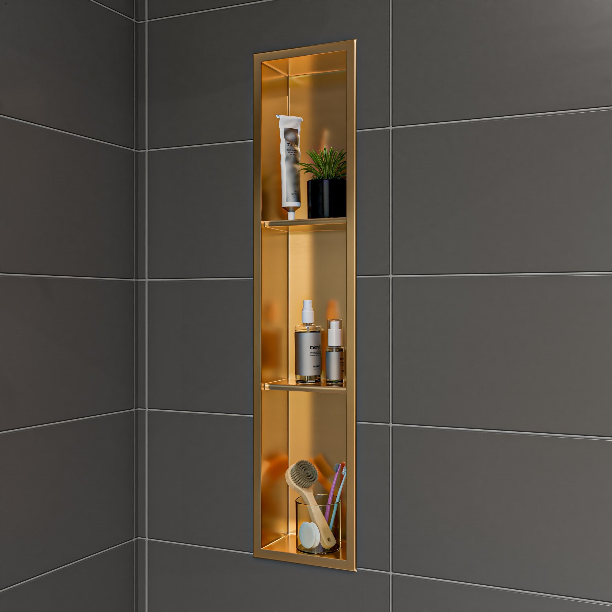 ALFI brand ABNP0836-BG 8" x 36" Brushed Gold PVD Stainless Steel Vertical Triple Shelf Shower Niche, 20 Gauge