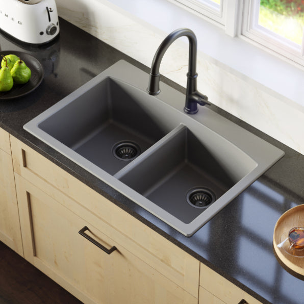 Alternate Image for Karran 33" Drop In/Topmount Quartz Composite Kitchen Sink, 50/50 Double Bowl, Grey, QT-710-GR-PK1