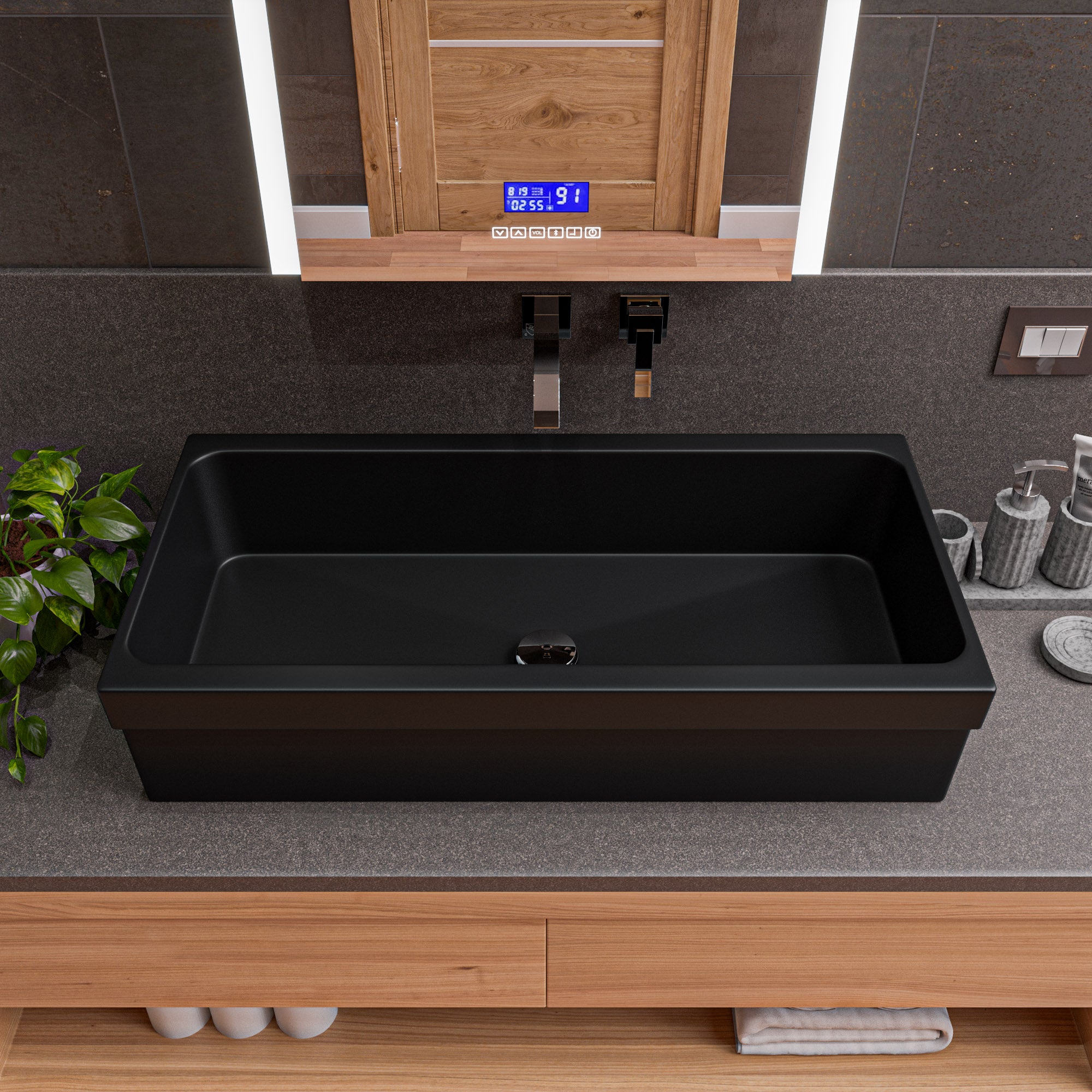 Alternate Image for ALFI brand 35.5" x 17.75" Rectangle Above Mount or Semi Recessed Fireclay Bathroom Sink, Black Matte, No Faucet Hole, AB36TRBM