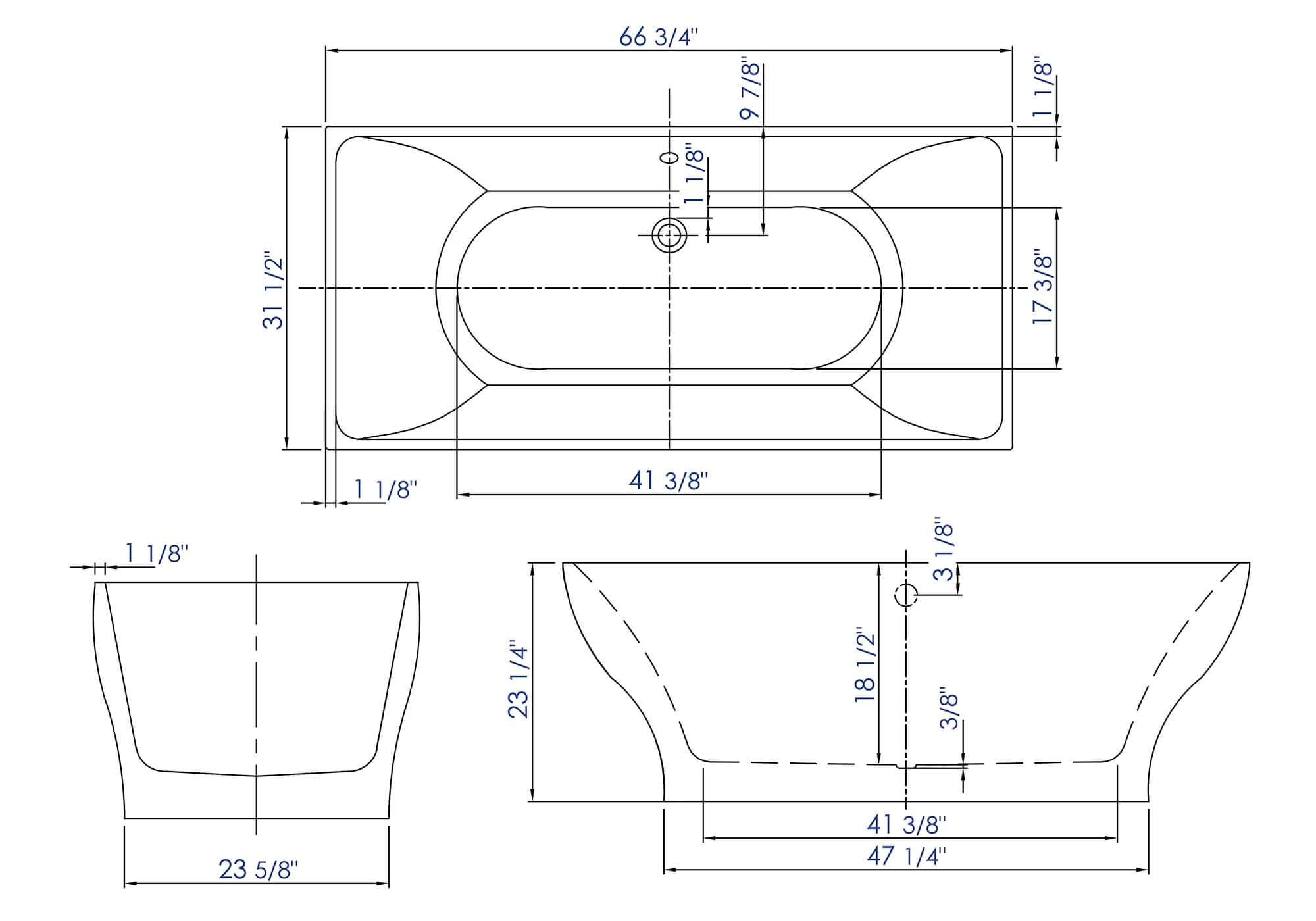 Alternate Image for ALFI brand 67" Acrylic Free Standing Rectangle Soaking Bathtub, White, AB8840