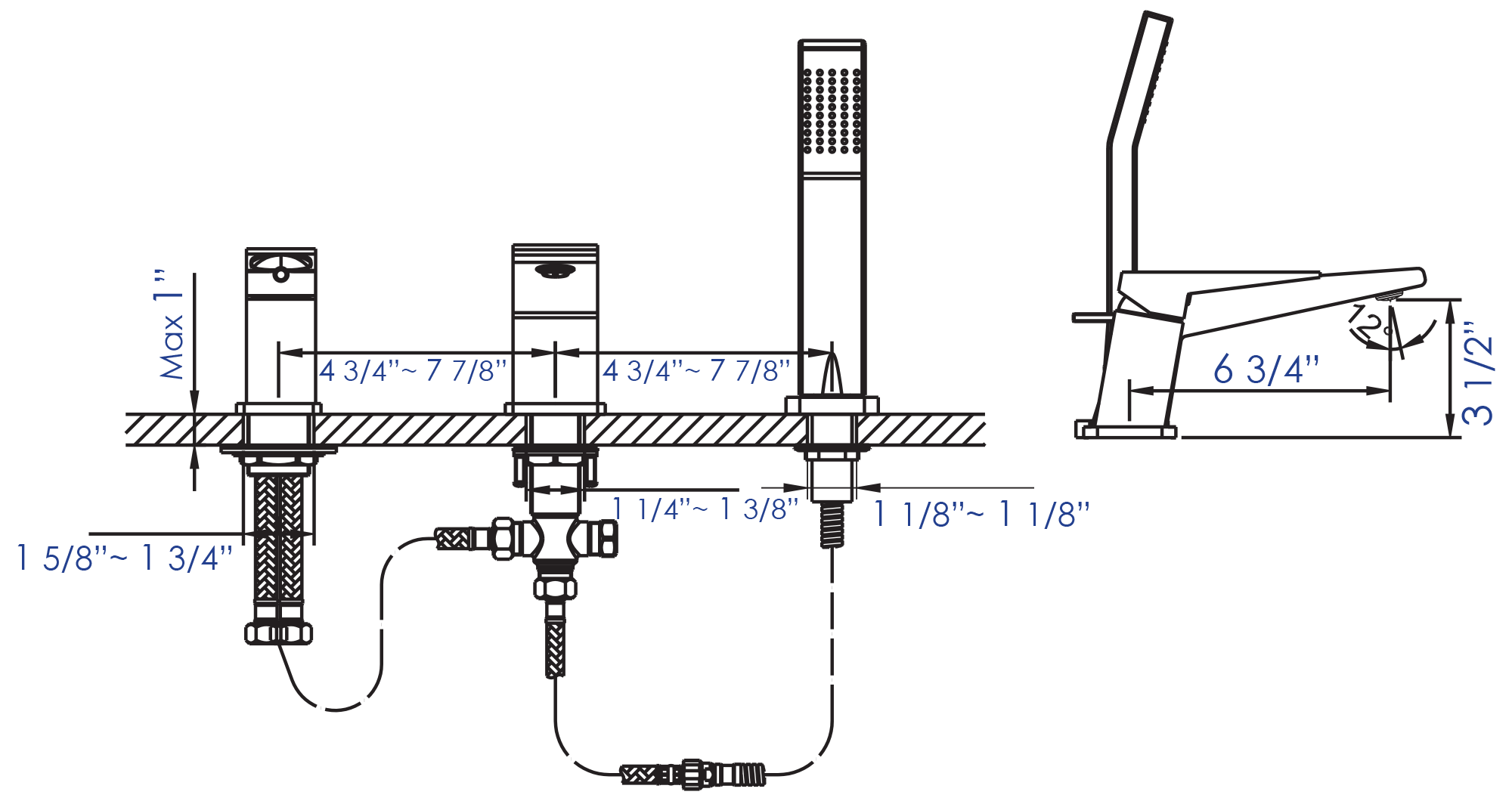 Alternate Image for ALFI brand Brass, AB2464-BN Brushed Nickel Deck Mounted 3 Hole Tub Filler & Shower Head