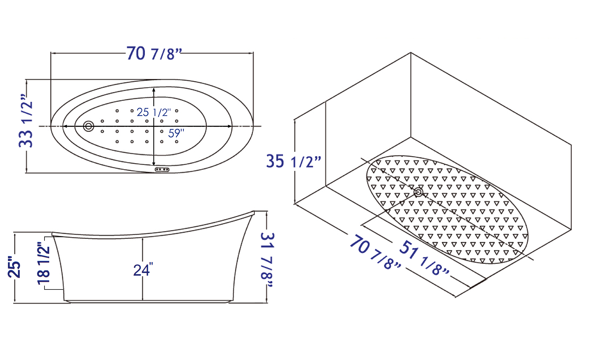 Alternate Image for Eago 71" Acrylic Free Standing Oval Air Bubble Bathtub, White, AM1800
