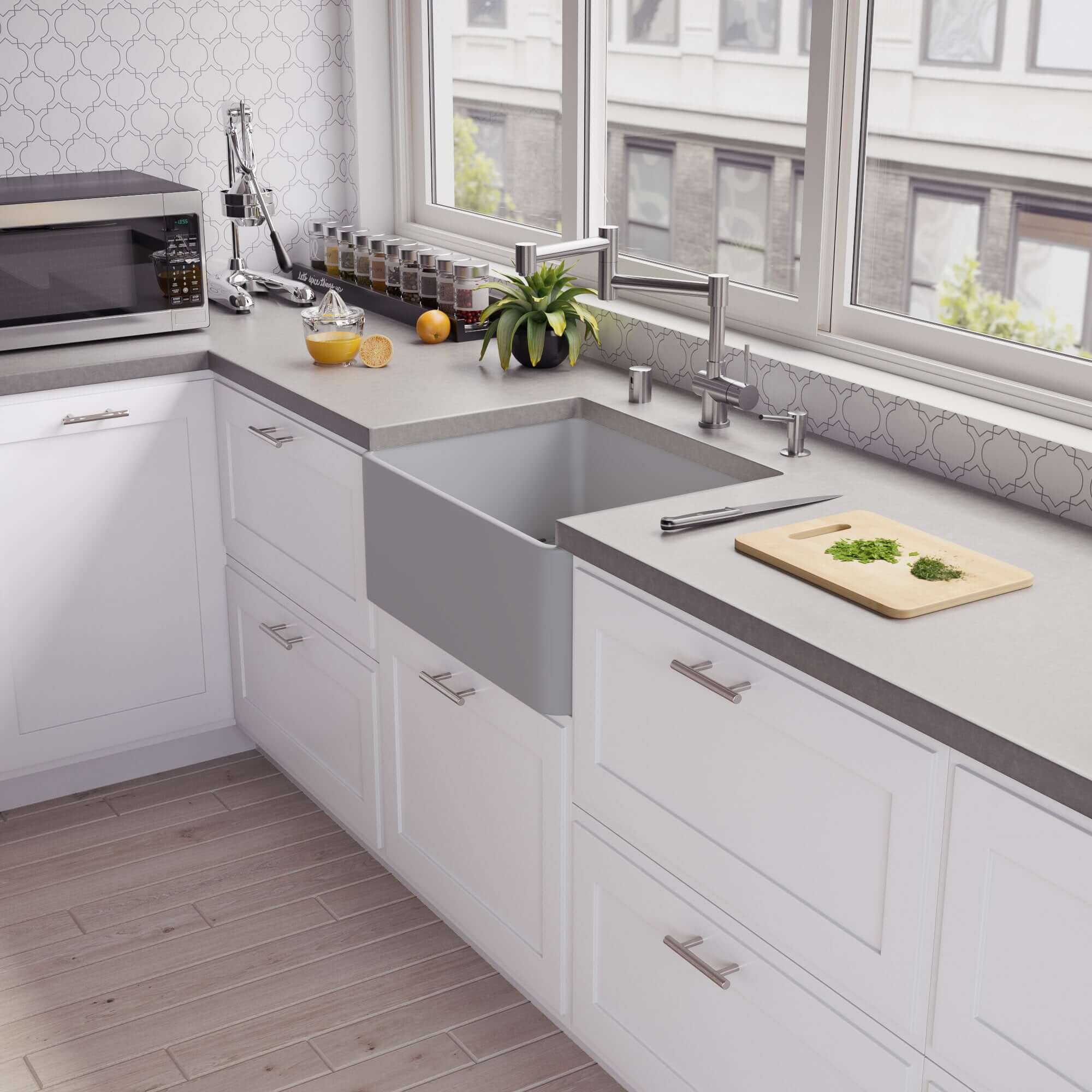 Alternate Image for ALFI brand 24" Fireclay Farmhouse Sink, Gray Matte, No Faucet Hole, ABF2418-GM