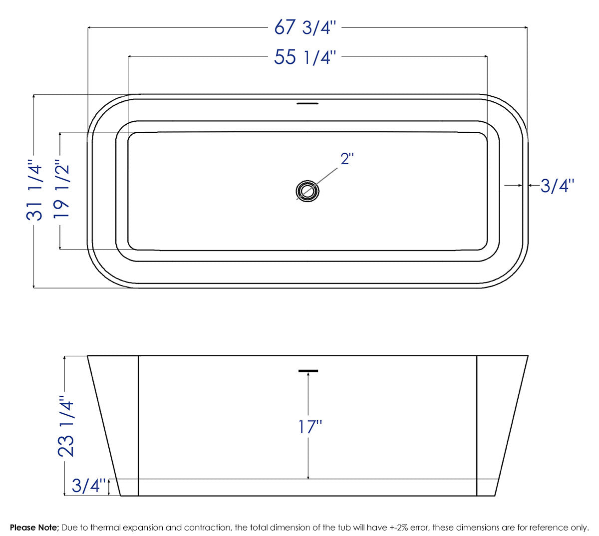 ALFI brand 68" Solid Surface Resin Free Standing Rectangle Soaking Bathtub, Black & White, AB9952BM