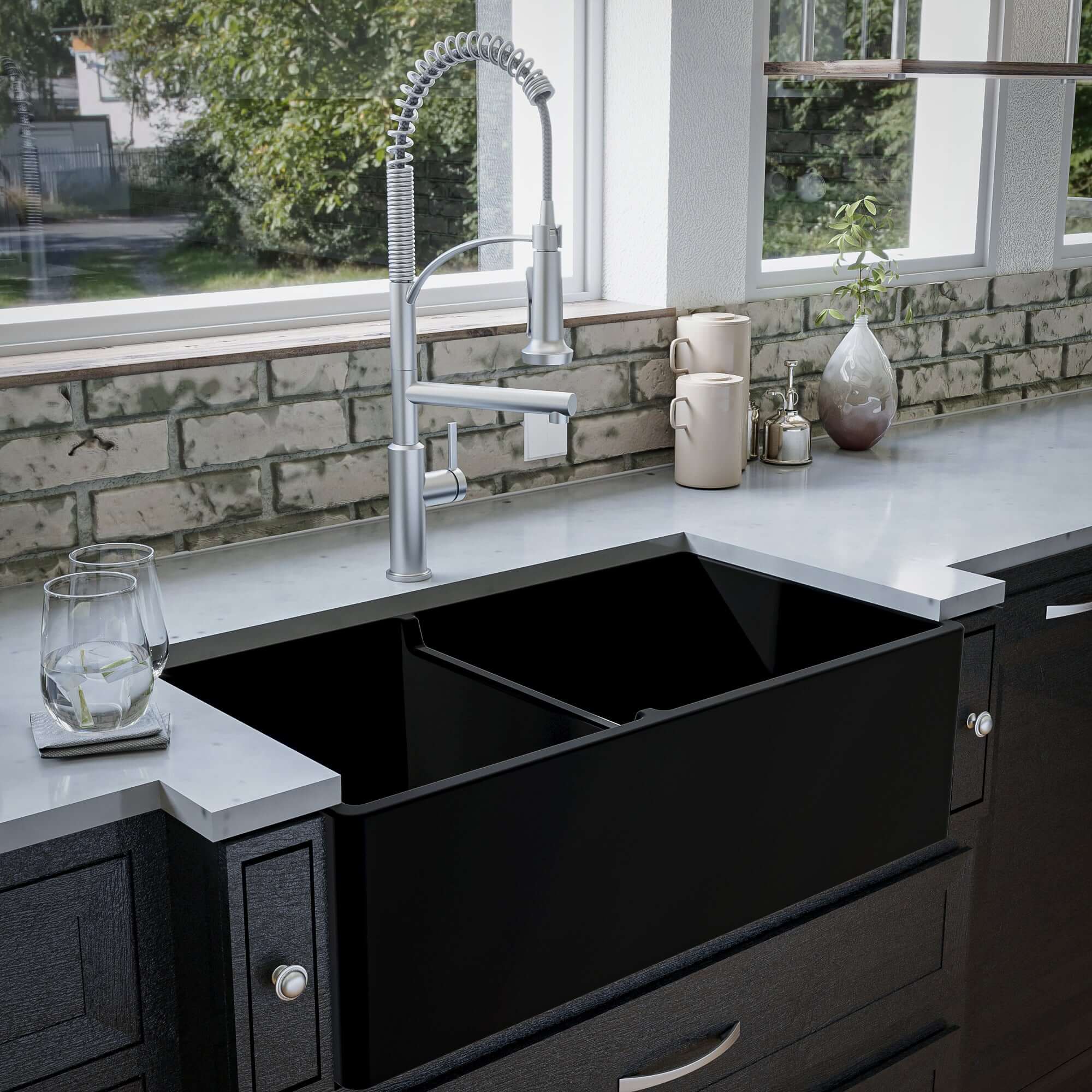 Alternate Image for Karran Fireclay 33" Fireclay Farmhouse Sink with Accessories, 60/40 Double Bowl, Matte Black, FCP33DBMB