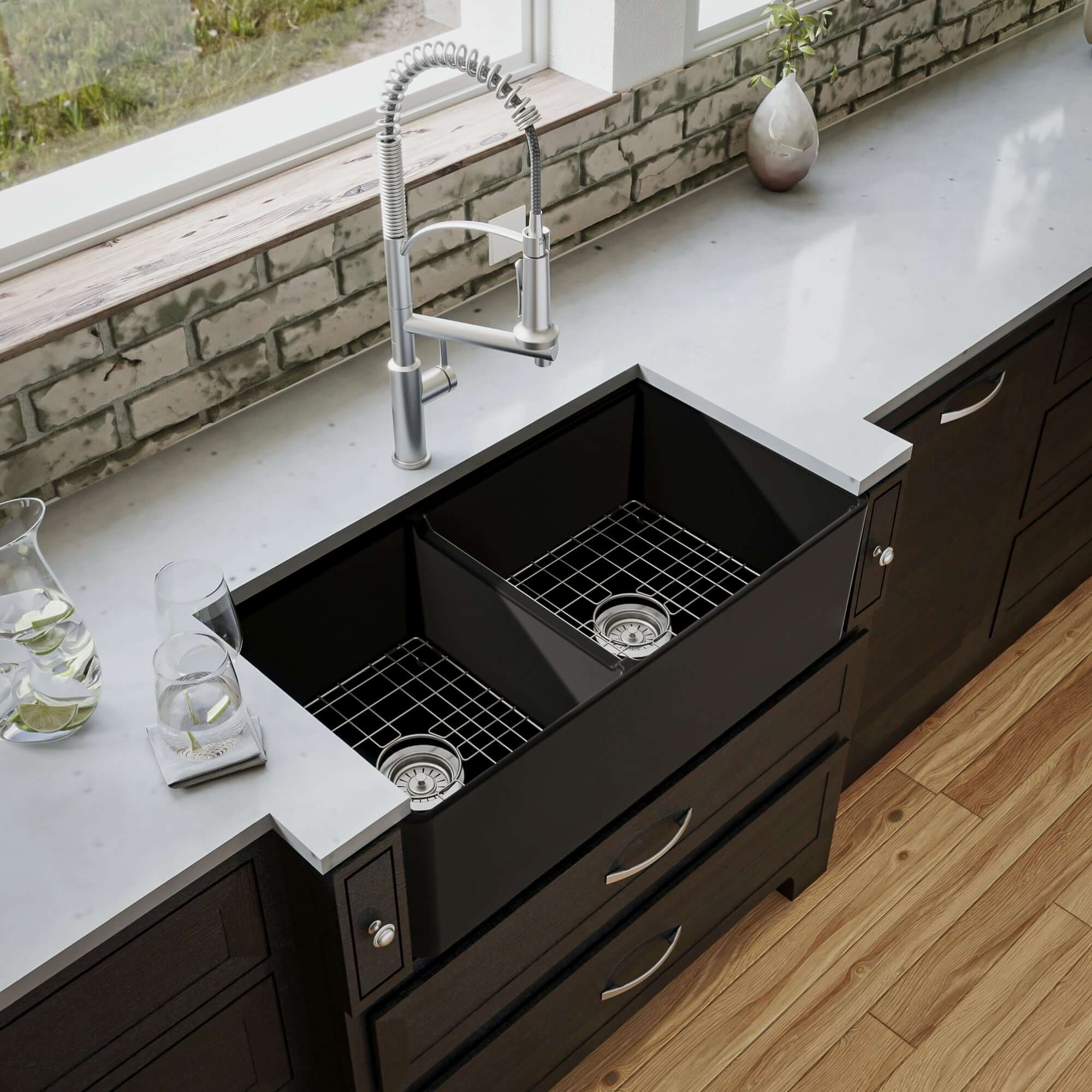 Alternate Image for Karran Fireclay 33" Fireclay Workstation Farmhouse Sink with Accessories, 60/40 Double Bowl, Matte Black, FCWSF33DBMB-PK1