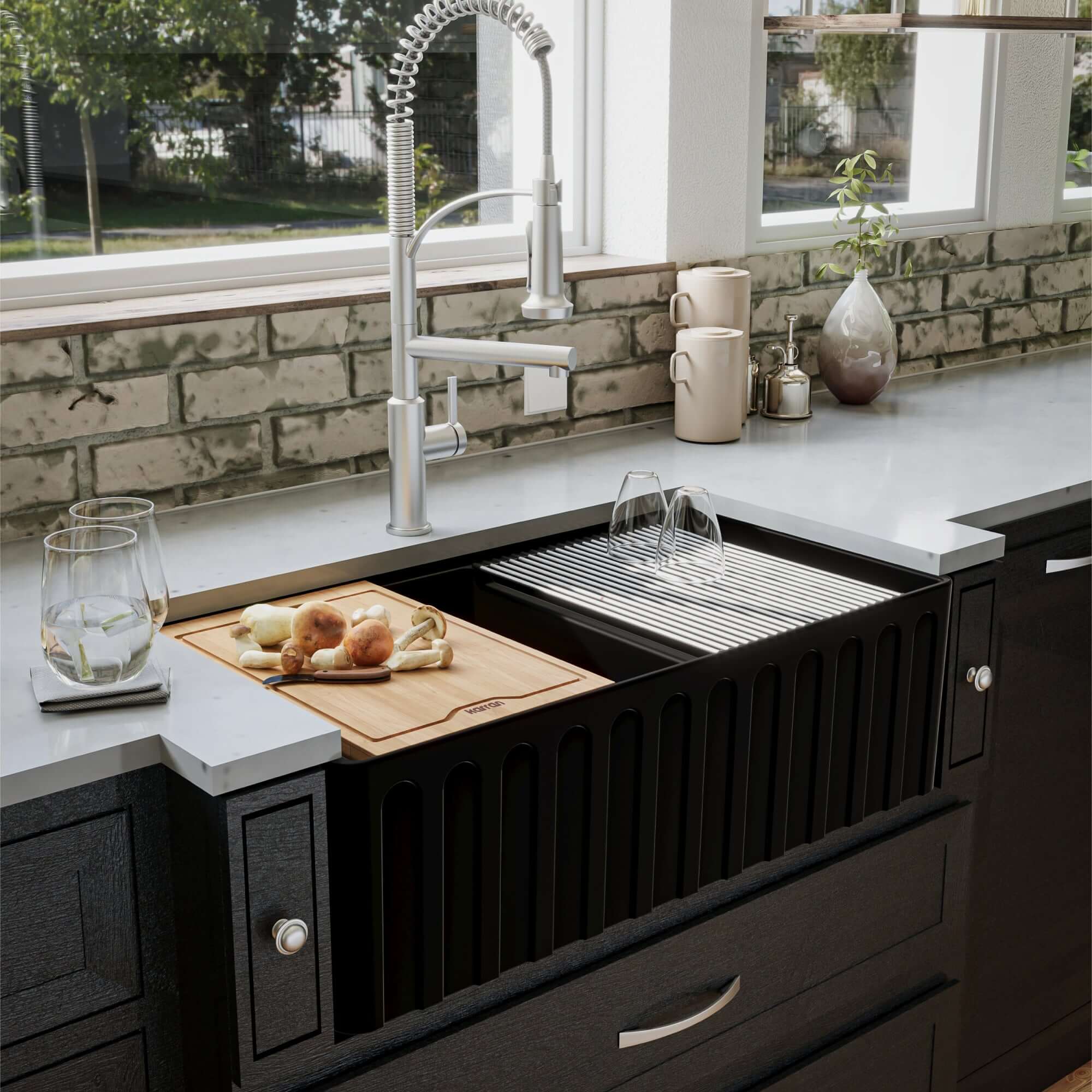 Alternate Image for Karran Fireclay 33" Fireclay Workstation Farmhouse Sink with Accessories, 60/40 Double Bowl, Matte Black, FCWSF33DBMB-PK1
