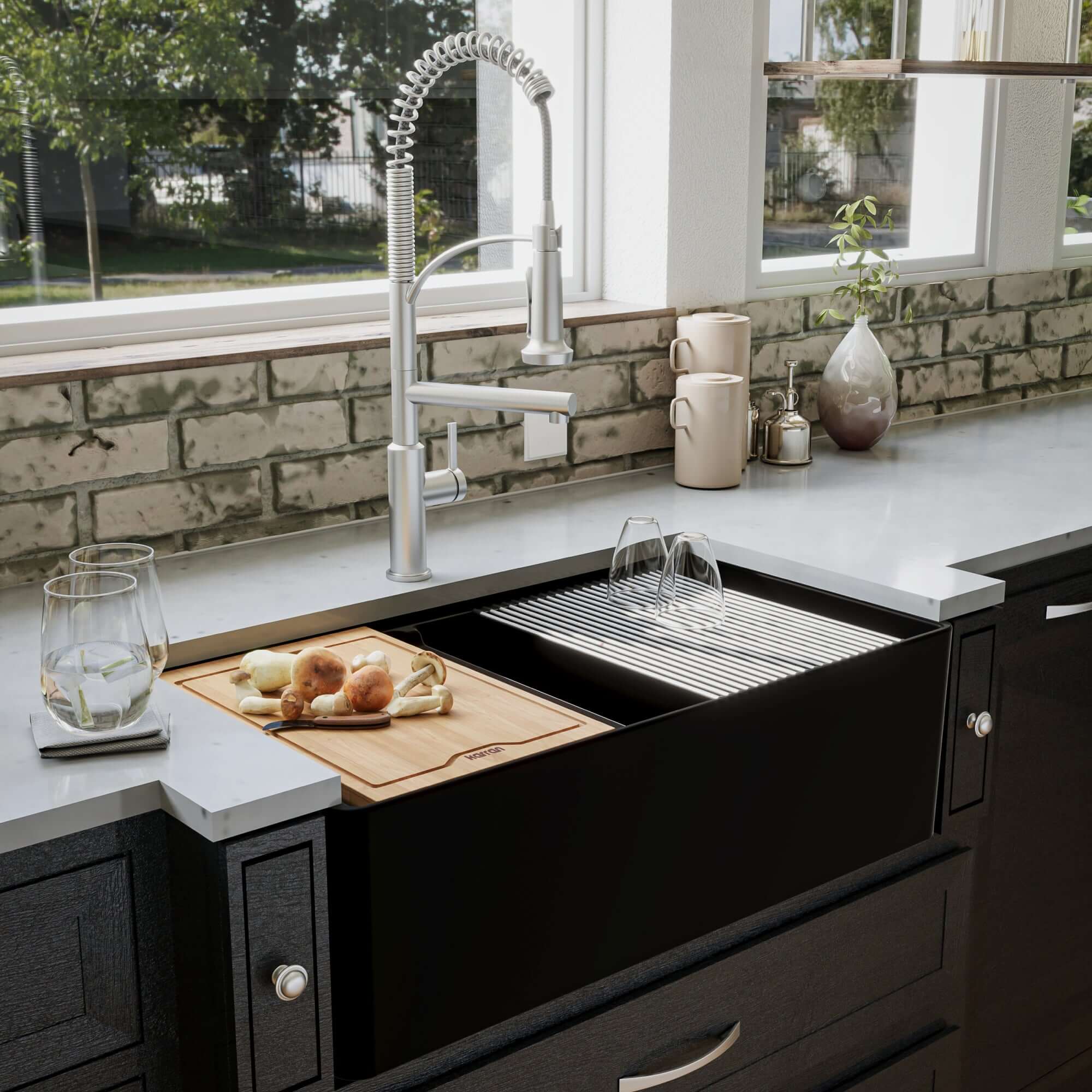 Alternate Image for Karran Fireclay 33" Fireclay Workstation Farmhouse Sink with Accessories, 60/40 Double Bowl, Matte Black, FCWSF33DBMB-PK1