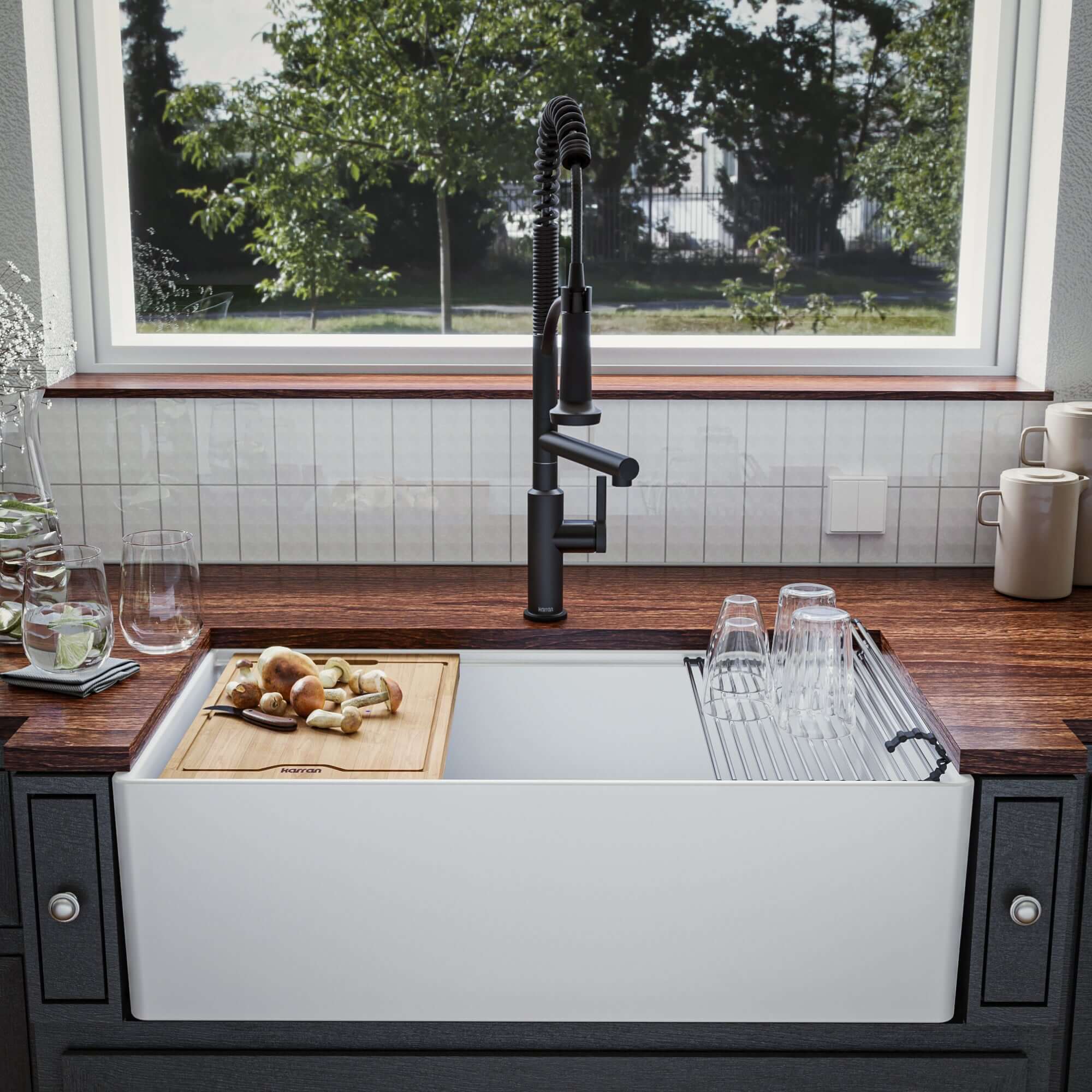 Alternate Image for Karran Fireclay 33" Fireclay Workstation Farmhouse Sink with Accessories, White, FCWSD33SBWH-PK1