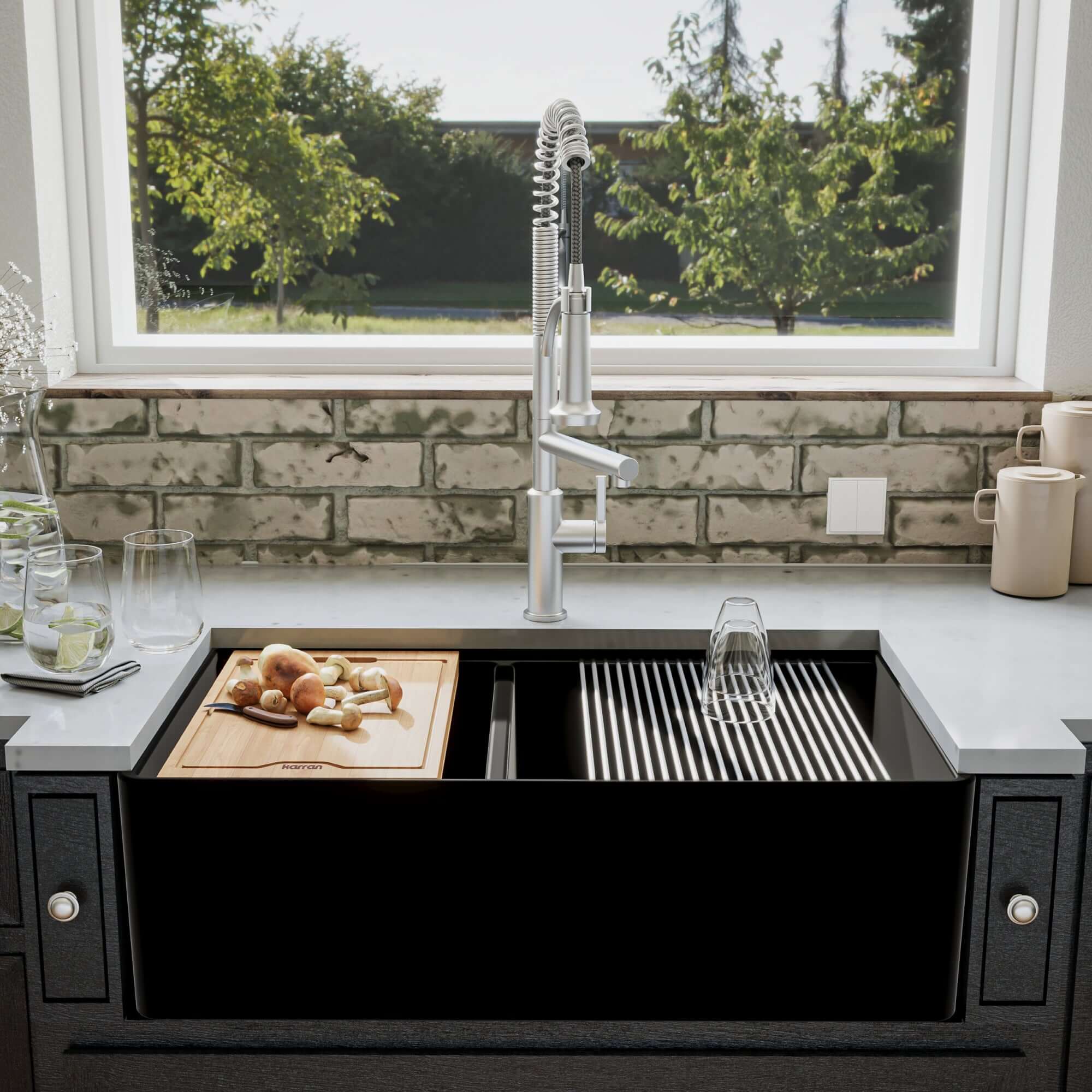 Alternate Image for Karran Fireclay 33" Fireclay Workstation Farmhouse Sink with Accessories, 60/40 Double Bowl, Matte Black, FCWSF33DBMB-PK1