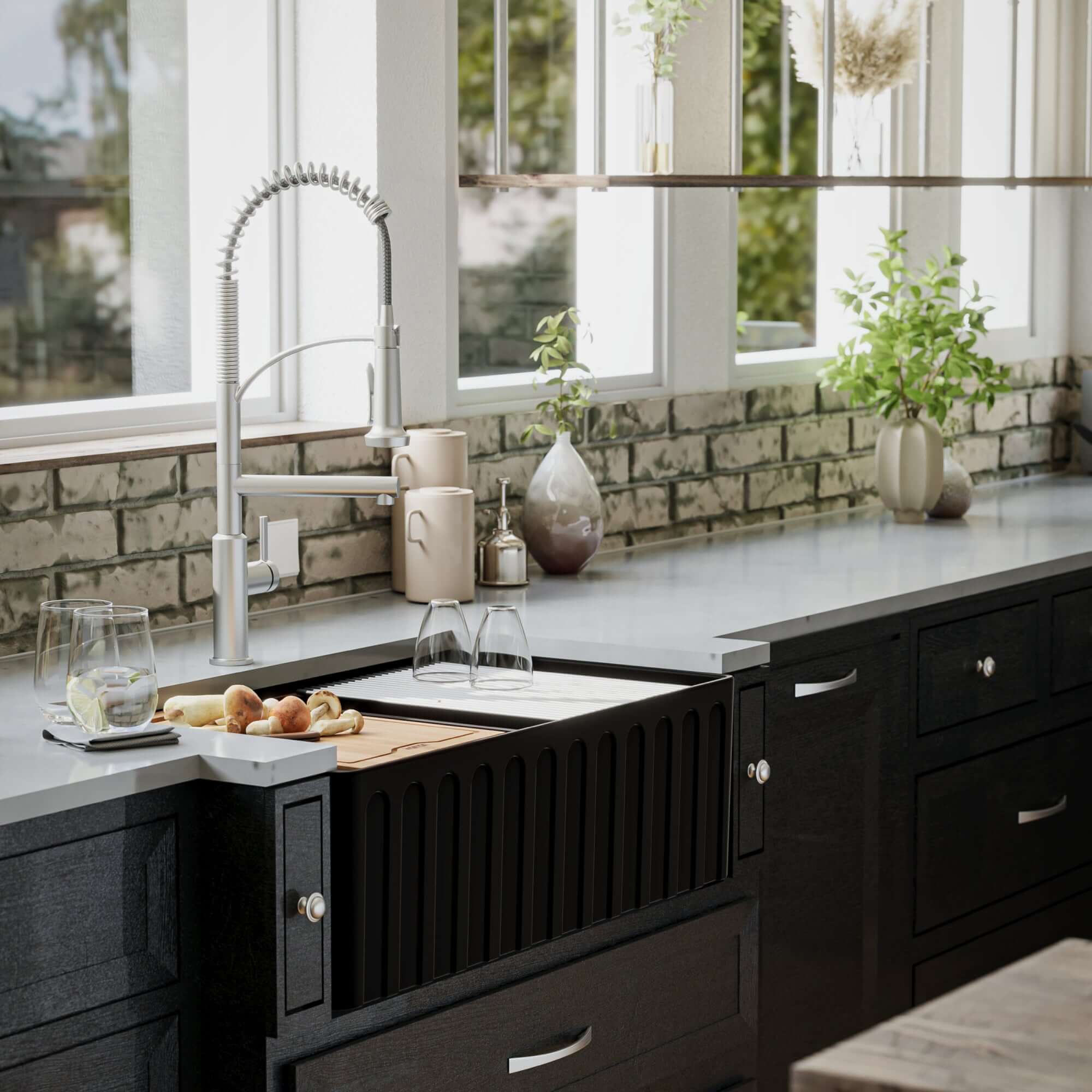 Alternate Image for Karran Fireclay 33" Fireclay Workstation Farmhouse Sink with Accessories, 60/40 Double Bowl, Matte Black, FCWSF33DBMB-PK1
