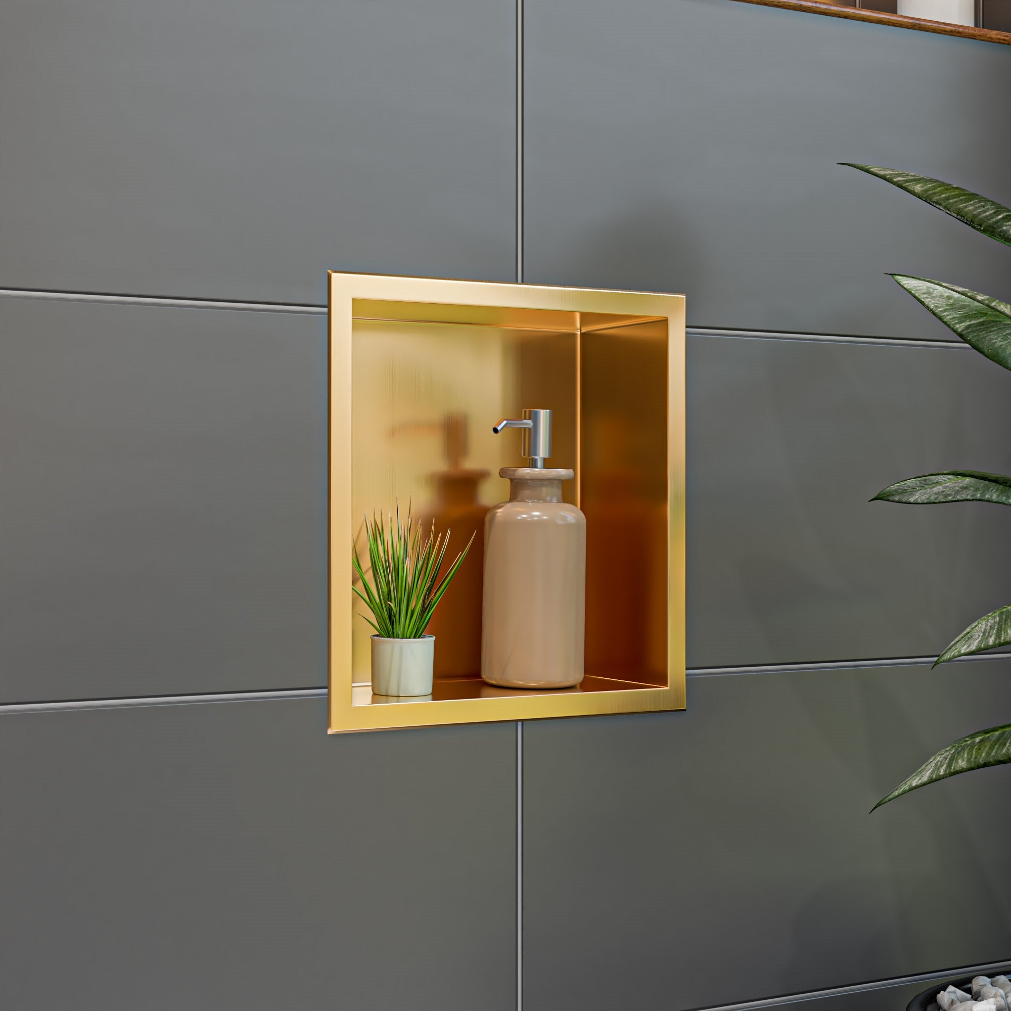 ALFI brand ABNP1212-BG 12" x 12" Brushed Gold PVD Stainless Steel Square Single Shelf Shower Niche, 20 Gauge
