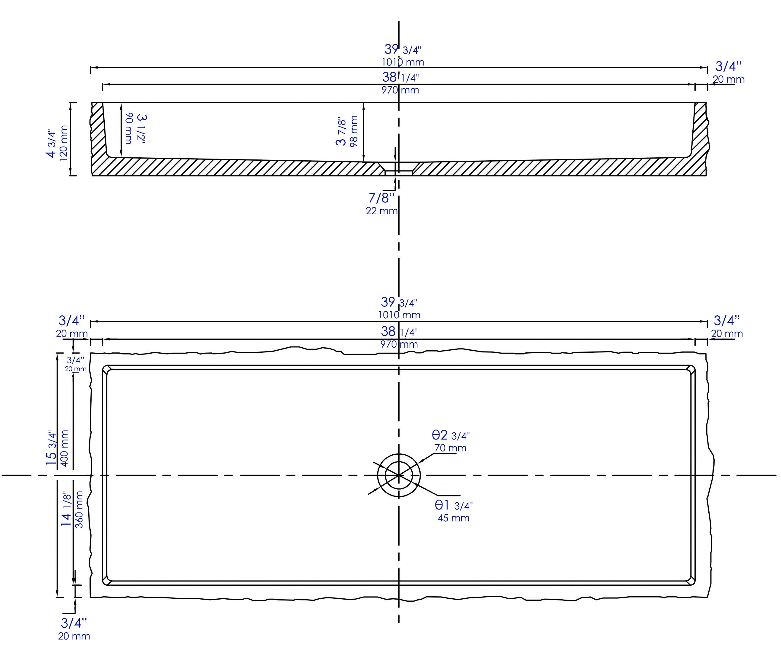 ALFI brand 39.6" x 15.6" Rectangle Above Mount or Semi Recessed Concrete Bathroom Sink, Gray Matte, No Faucet Hole, ABCO39TR