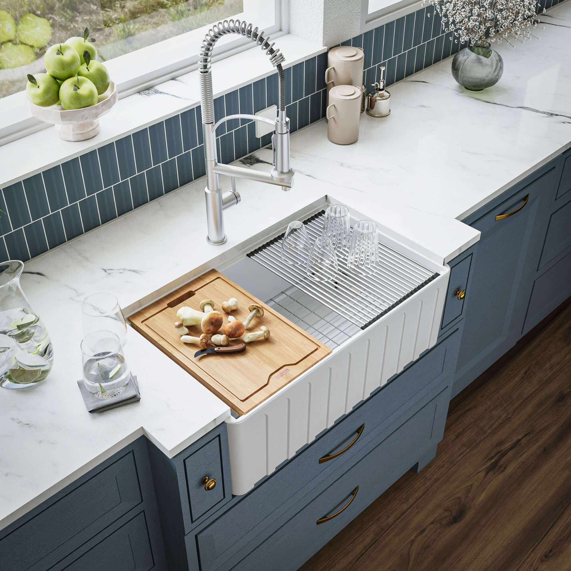 Karran Fireclay 30" Fireclay Workstation Farmhouse Sink with Accessories, White, FCWSF30SBWH-PK1