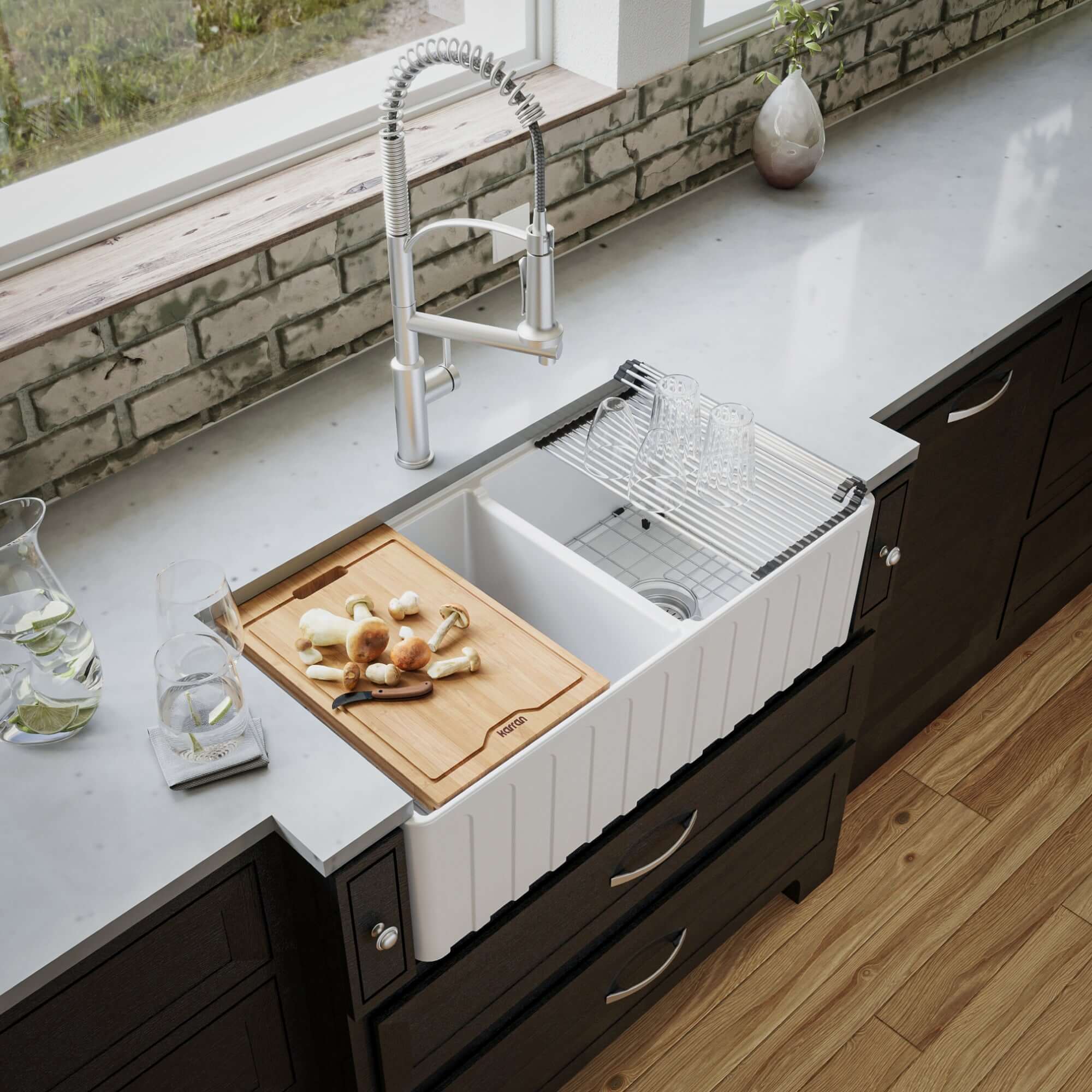 Alternate Image for Karran Fireclay 33" Fireclay Workstation Farmhouse Sink with Accessories, 60/40 Double Bowl, White, FCWSF33DBWH-PK1