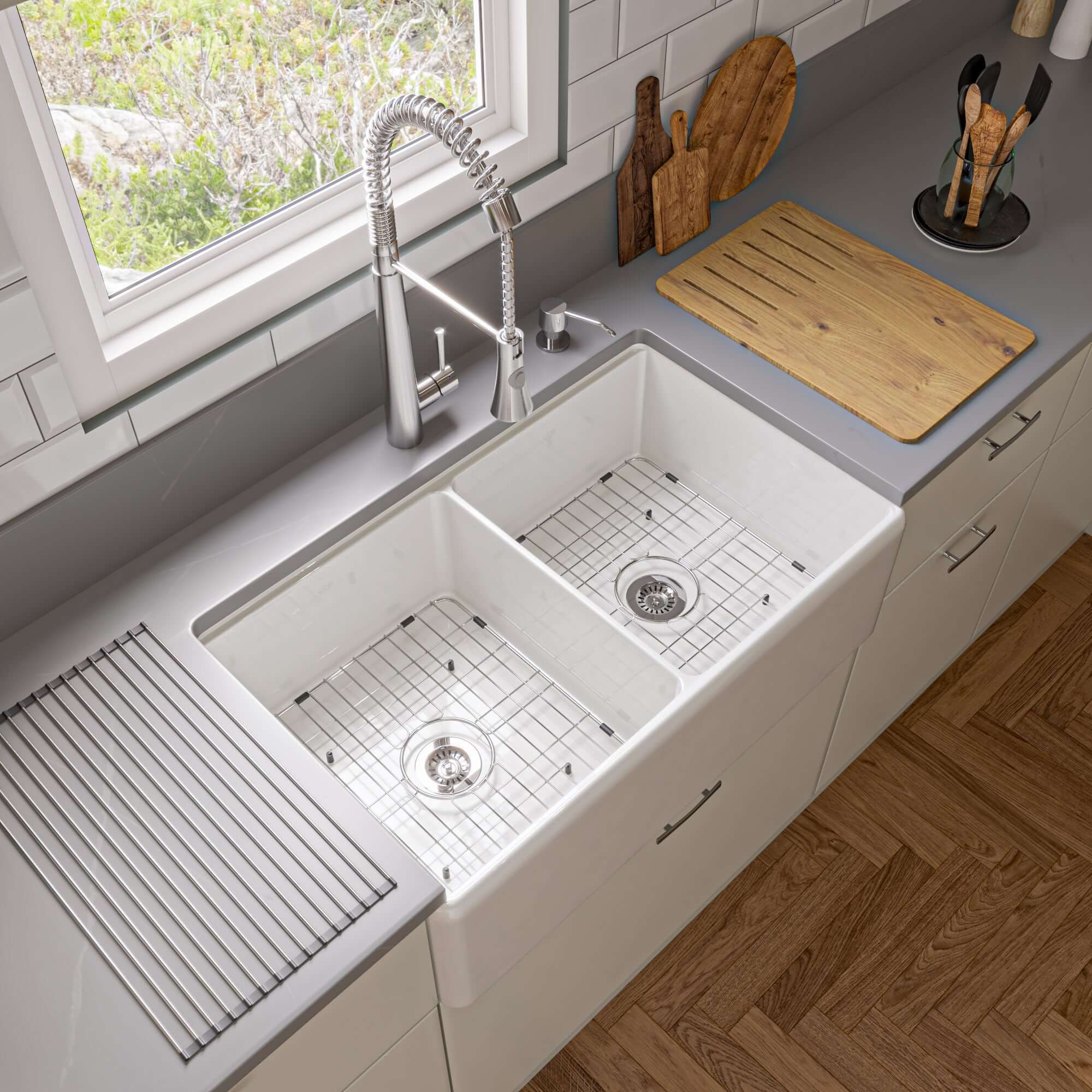 ALFI brand 33" Fireclay Workstation Farmhouse Sink with Accessories, 50/50 Double Bowl, White, No Faucet Hole, ABFS3320D-W