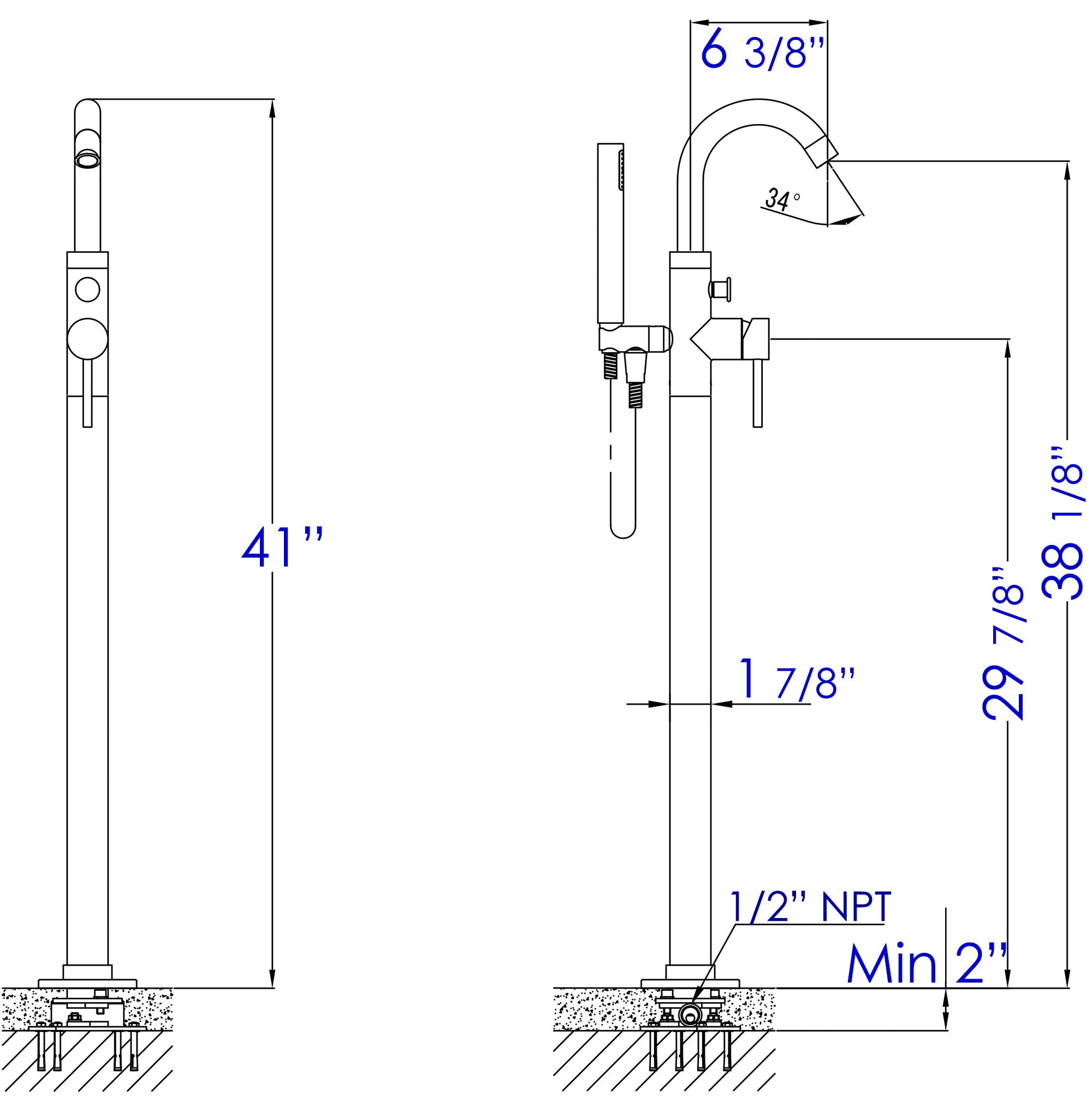 ALFI brand Brass, AB2534-PC Polished Chrome Single Lever Floor Mounted Tub Filler Mixer w Hand Held Shower Head