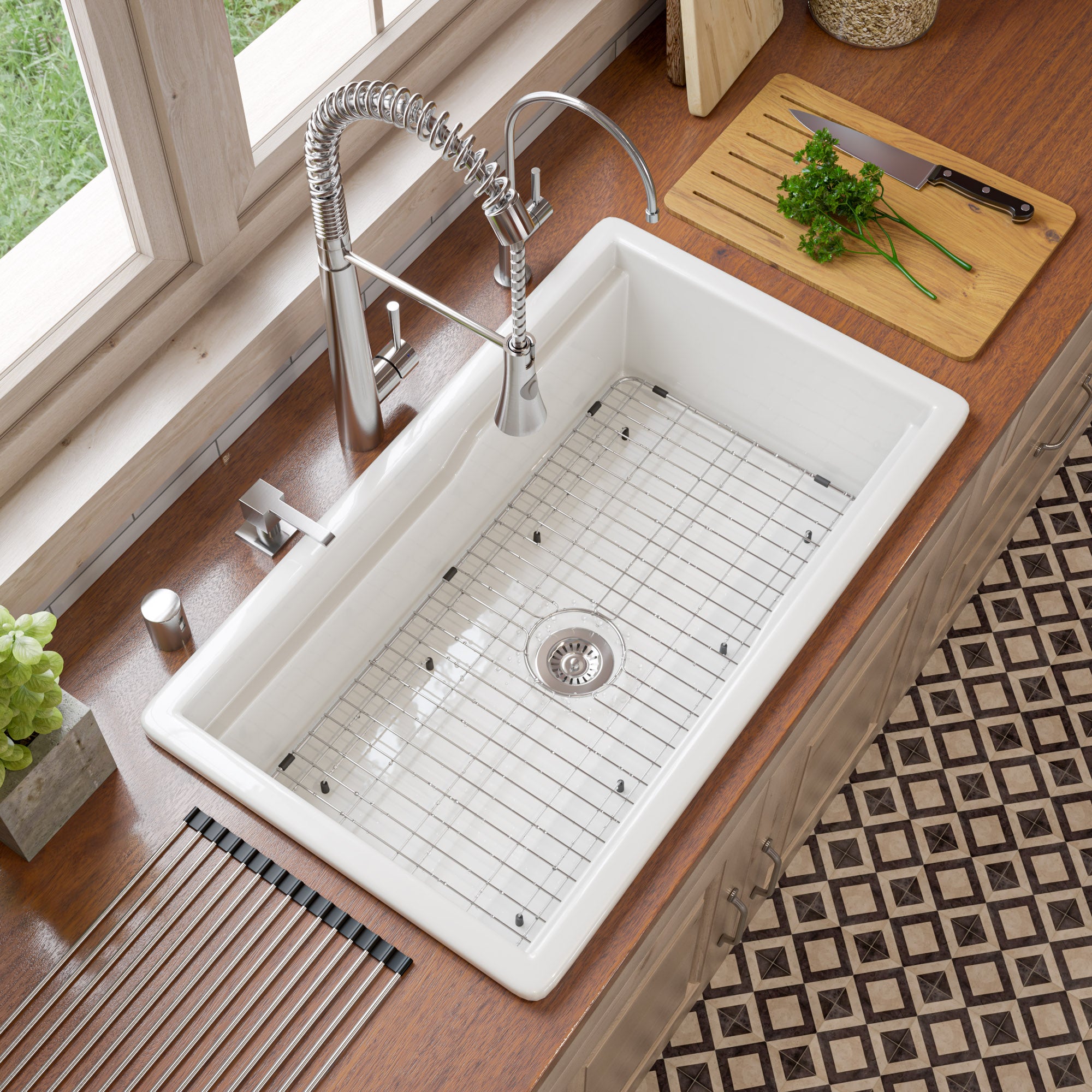 ALFI brand 32 fireclay workstation farmhouse step rim sink white product image