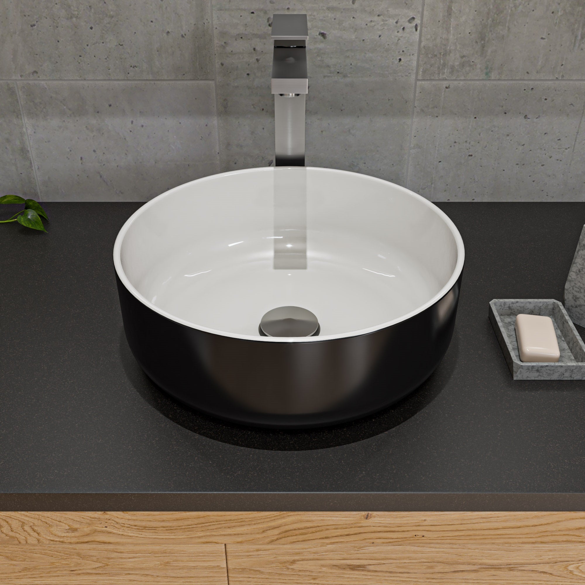 Alternate Image for ALFI brand 15.5" x 15.5" Round Above Mount Porcelain Bathroom Sink, Black & White, No Faucet Hole, ABC908