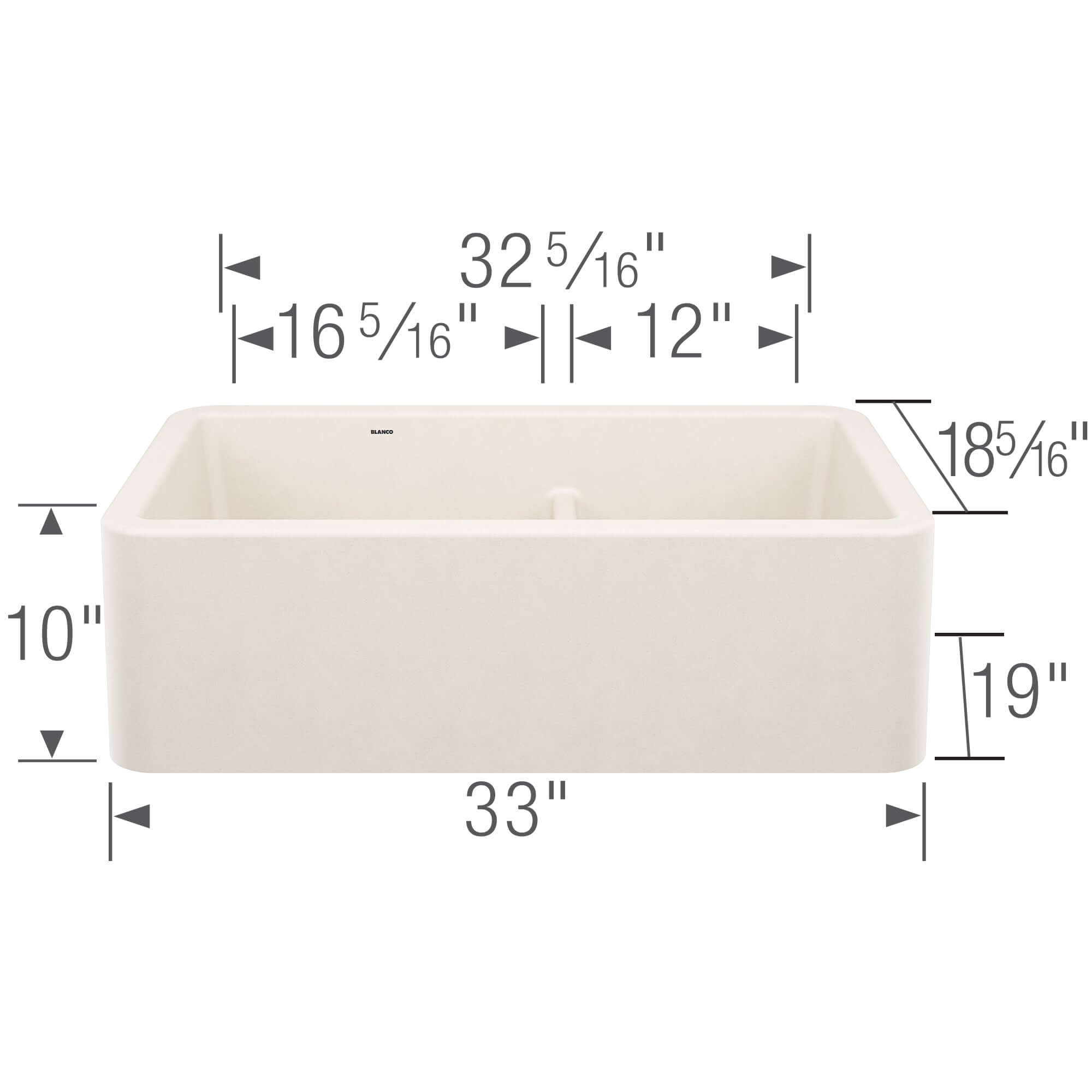 Blanco Ikon 33" Silgranit Farmhouse Sink, 60/40 Double Bowl, Soft White, No Faucet Hole, 443078
