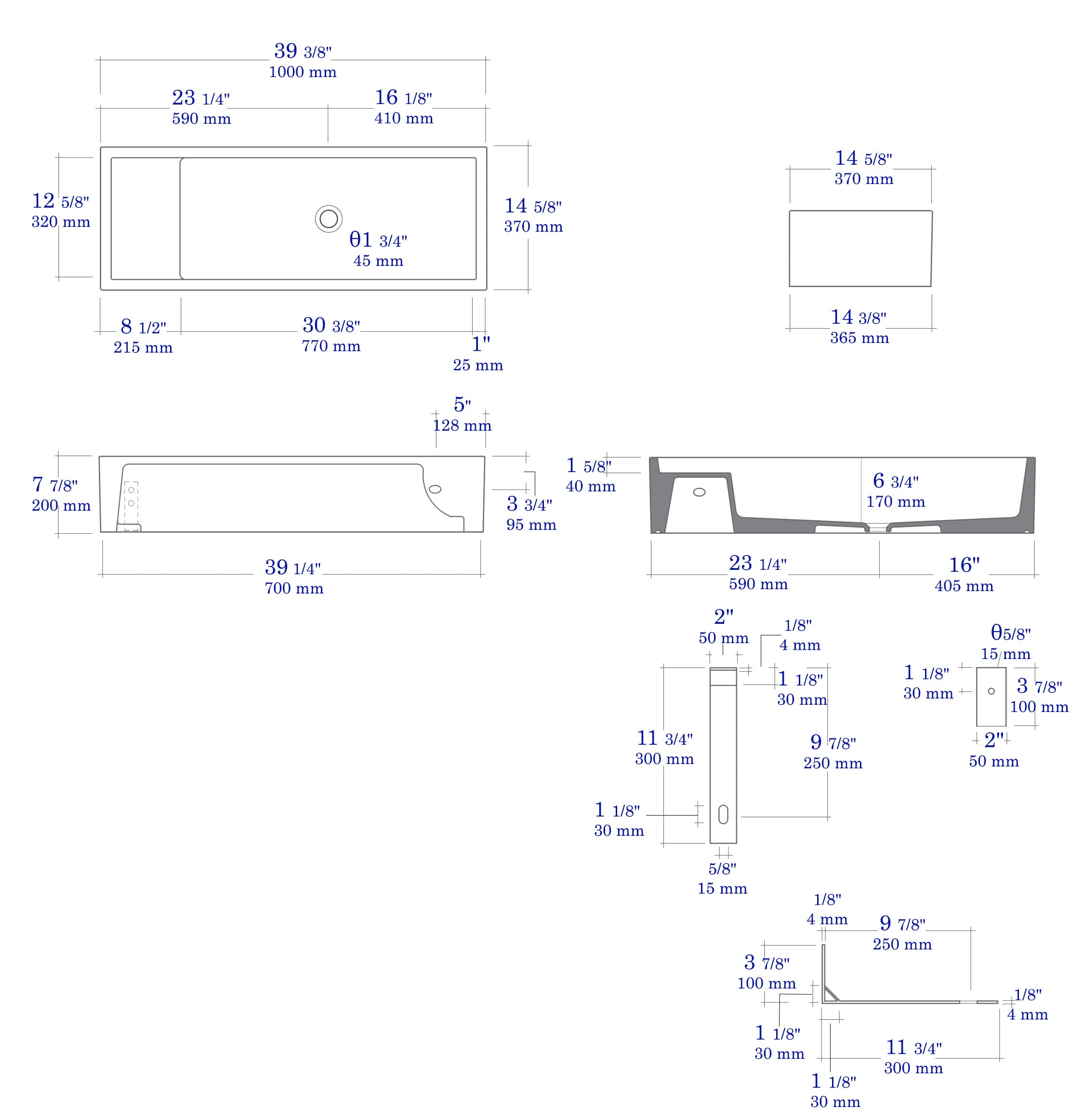ALFI brand 39.4" x 14.6" Rectangle Above Mount or Semi Recessed Fireclay Bathroom Sink, White, No Faucet Hole, AB39TR