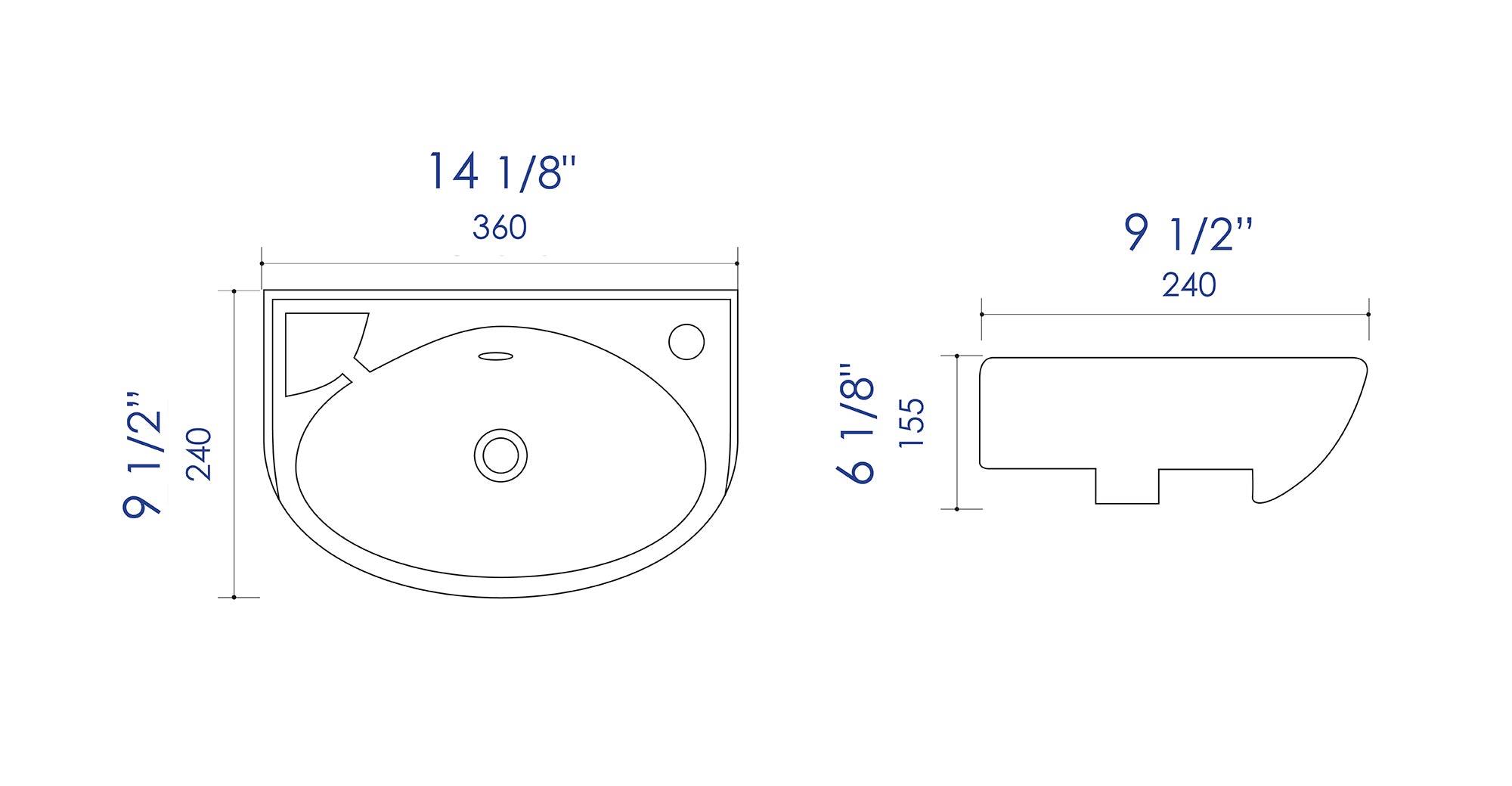 ALFI brand 14.13" x 9.5" Oval Wall Mount Porcelain Bathroom Sink, White, 1 Faucet Hole, ABC118