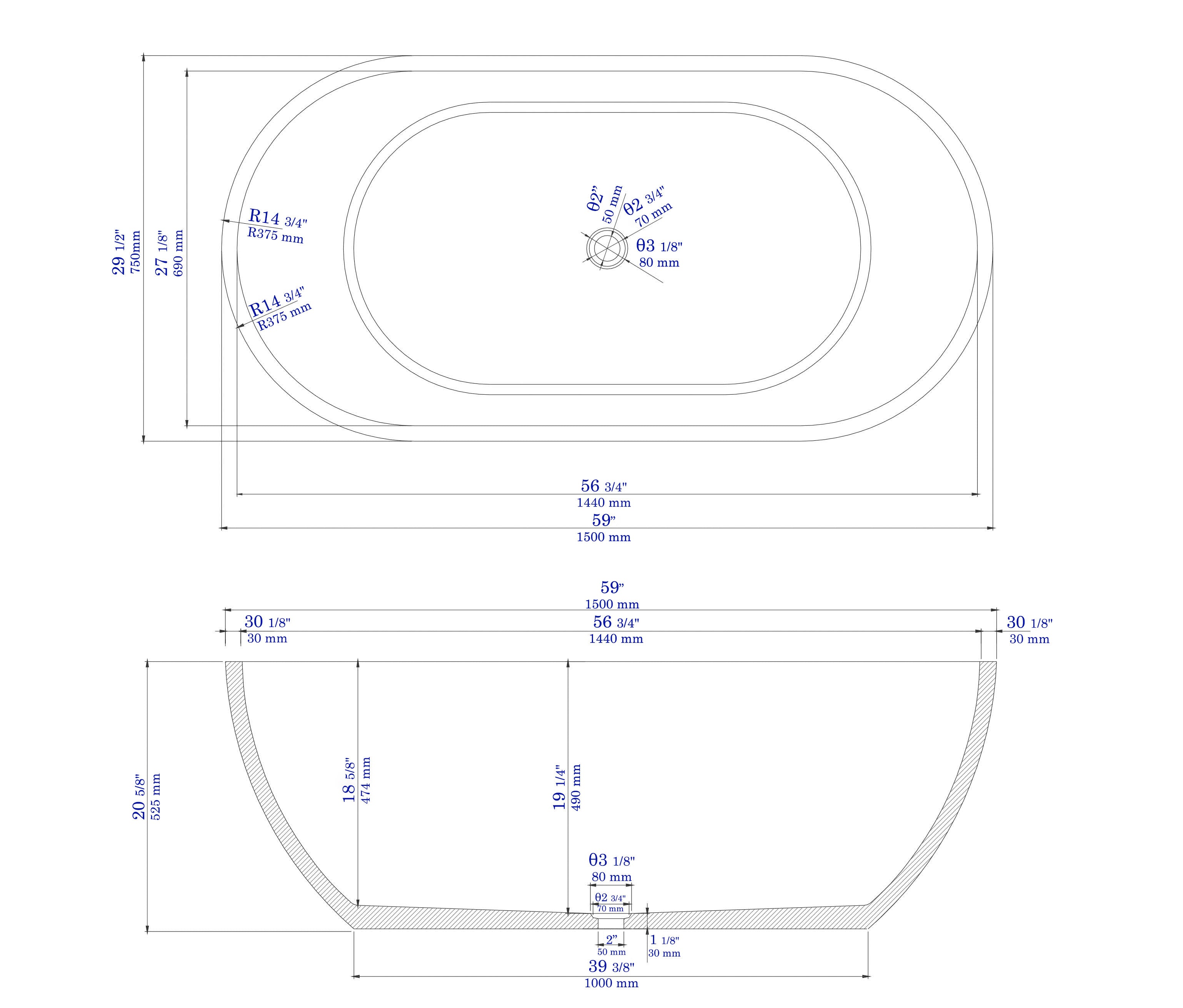 Alternate Image for ALFI brand 59" Concrete Free Standing Oval Bathtub, Gray Matte, ABCO59TUB