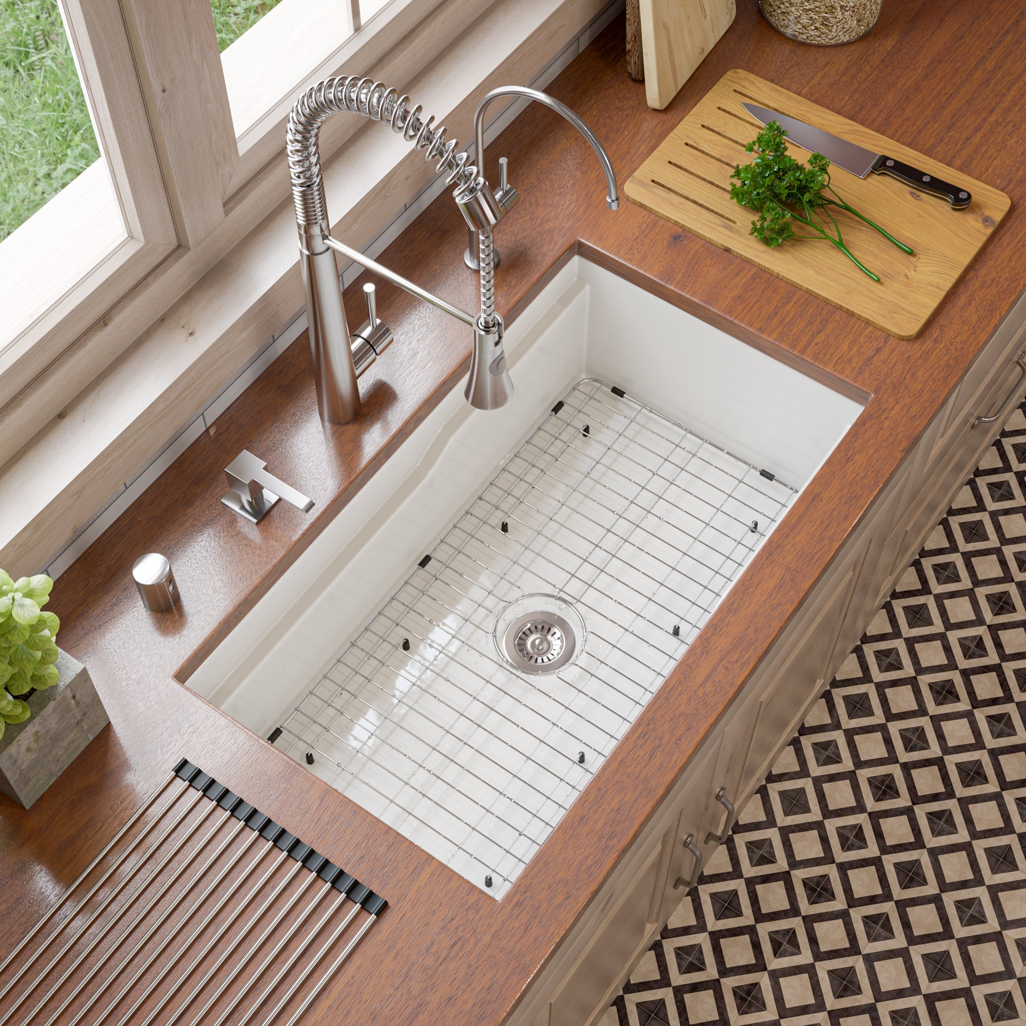 ALFI brand 32 fireclay workstation farmhouse step rim sink white product image